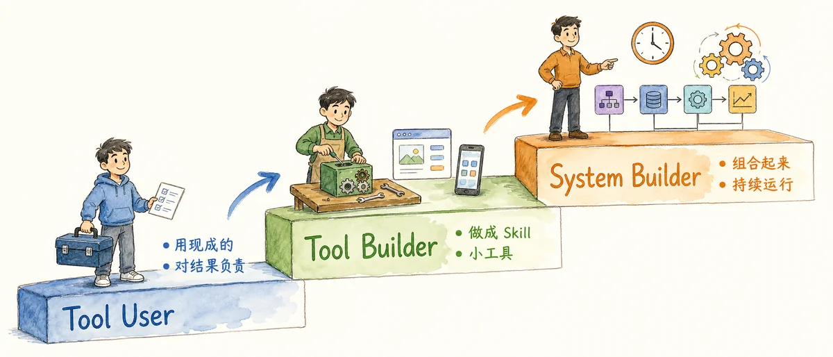 三级台阶：Tool User 用现成的对结果负责 → Tool Builder 做成 Skill 小工具 → System Builder 组合起来持续运行
