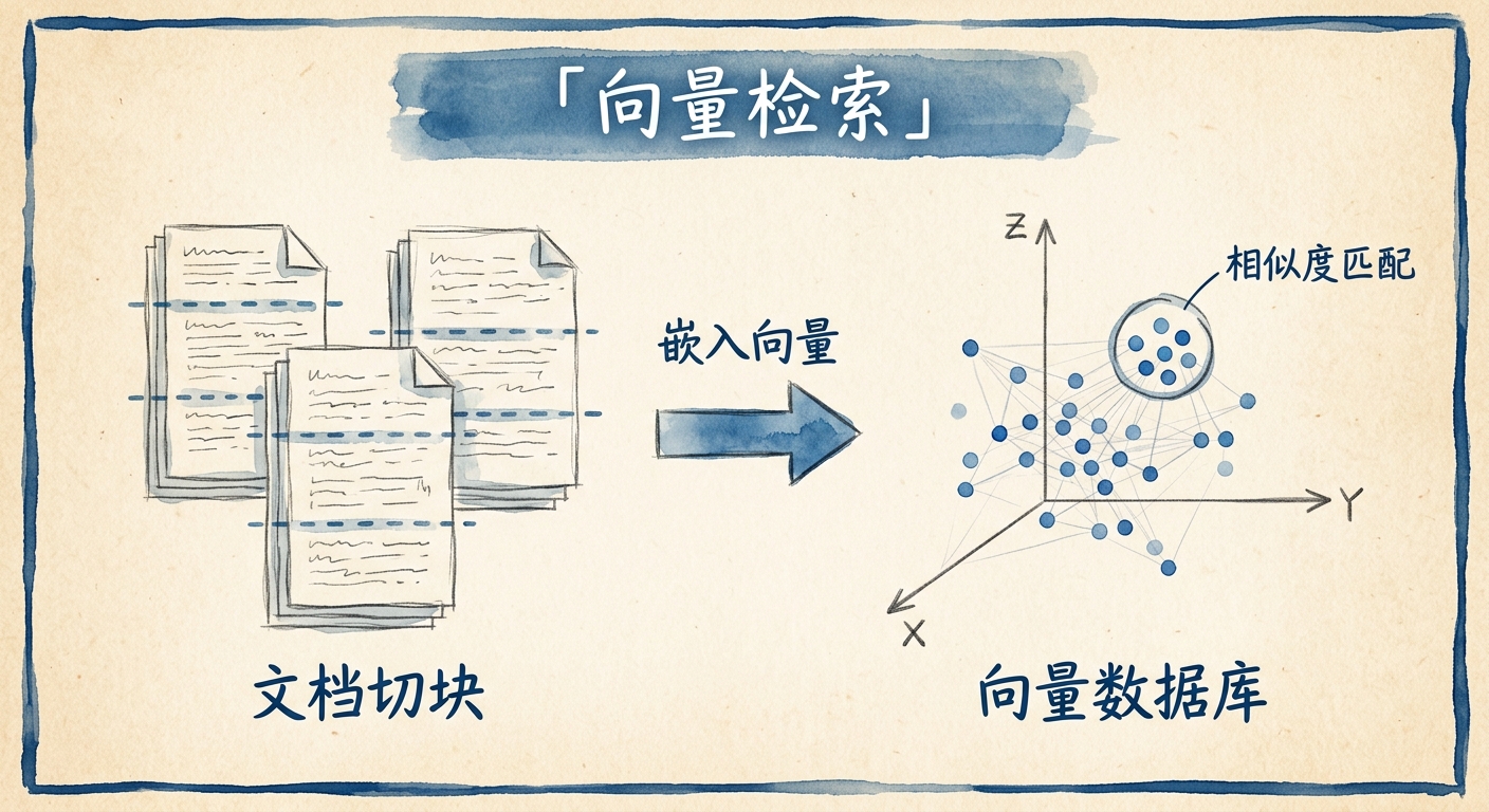 向量检索：文档切块 → 嵌入成向量空间里的点 → 按相似度取回最像的几段