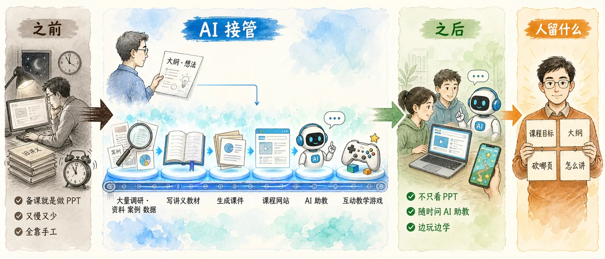 之前：备课就是做 PPT，又慢又少，全靠手工；AI 接管：在老师的大纲和想法引导下，大量调研 → 写讲义教材 → 生成课件 → 课程网站 → AI 助教 → 互动教学游戏；之后：学生不只看 PPT，随时问 AI 助教，边玩边学；人留什么：课程目标、大纲、砍哪页、怎么讲