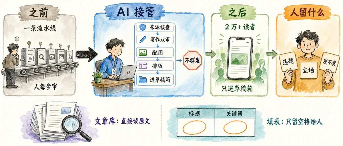 左：公众号岗位——选题（人）→ 来源核查 → 写作双审 → 配图 → 排版 → 进草稿箱，不群发；右：学院文章库直接读原文；行政填表只留空格给人