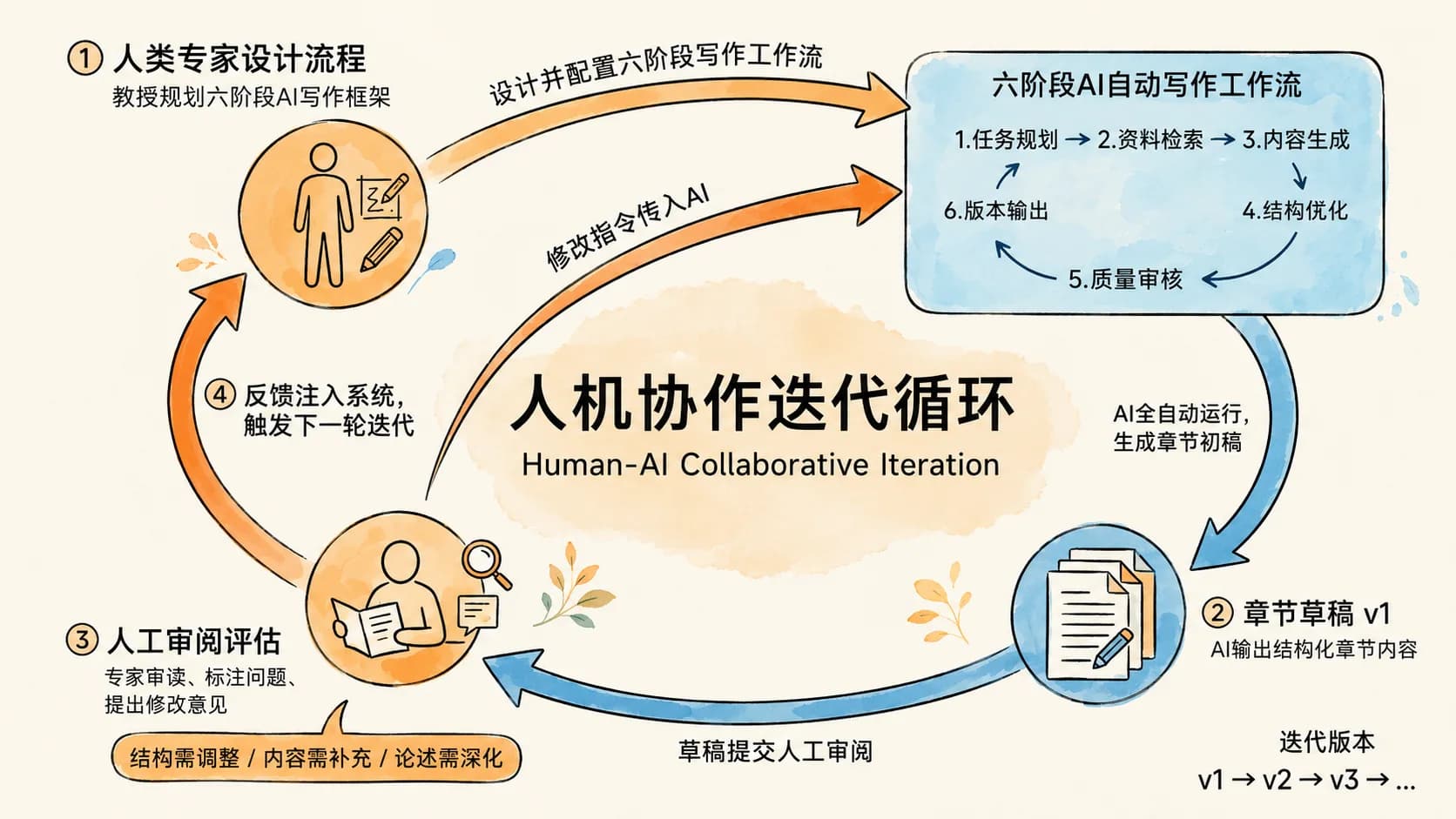 人机协作教材写作工作流：人负责选题与把关，AI 智能体负责素材、初稿、配图与小结
