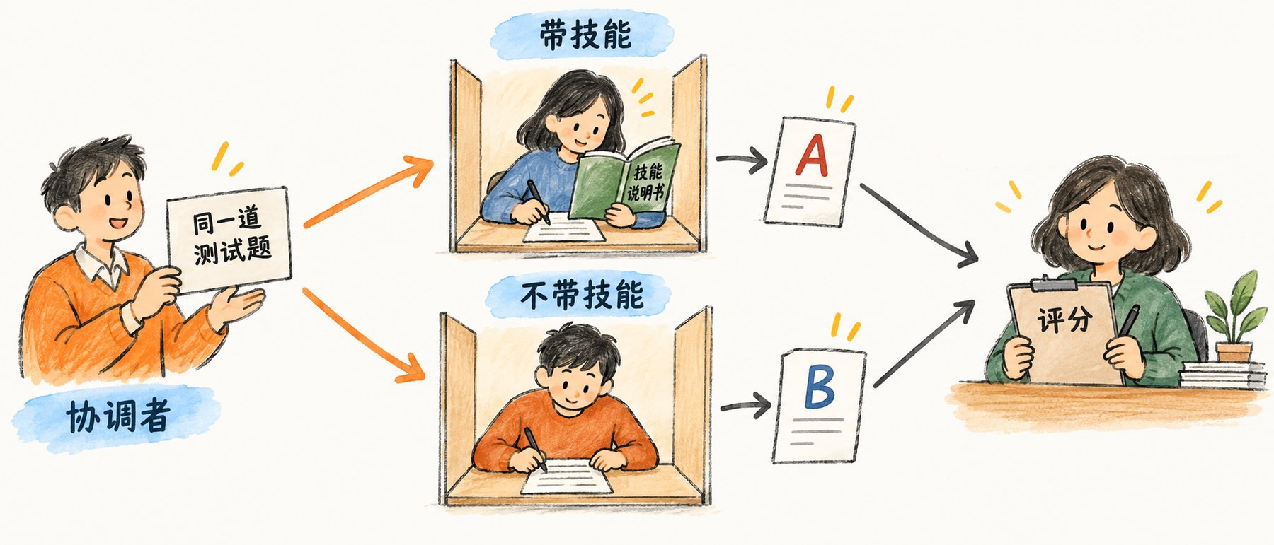 协调者拿着同一道测试题，同时派给两个隔间：上方的助手看着技能说明书答题，标注带技能；下方的助手没有说明书，标注不带技能；两份答卷只标 A 和 B，送到右边拿评分板的人手里