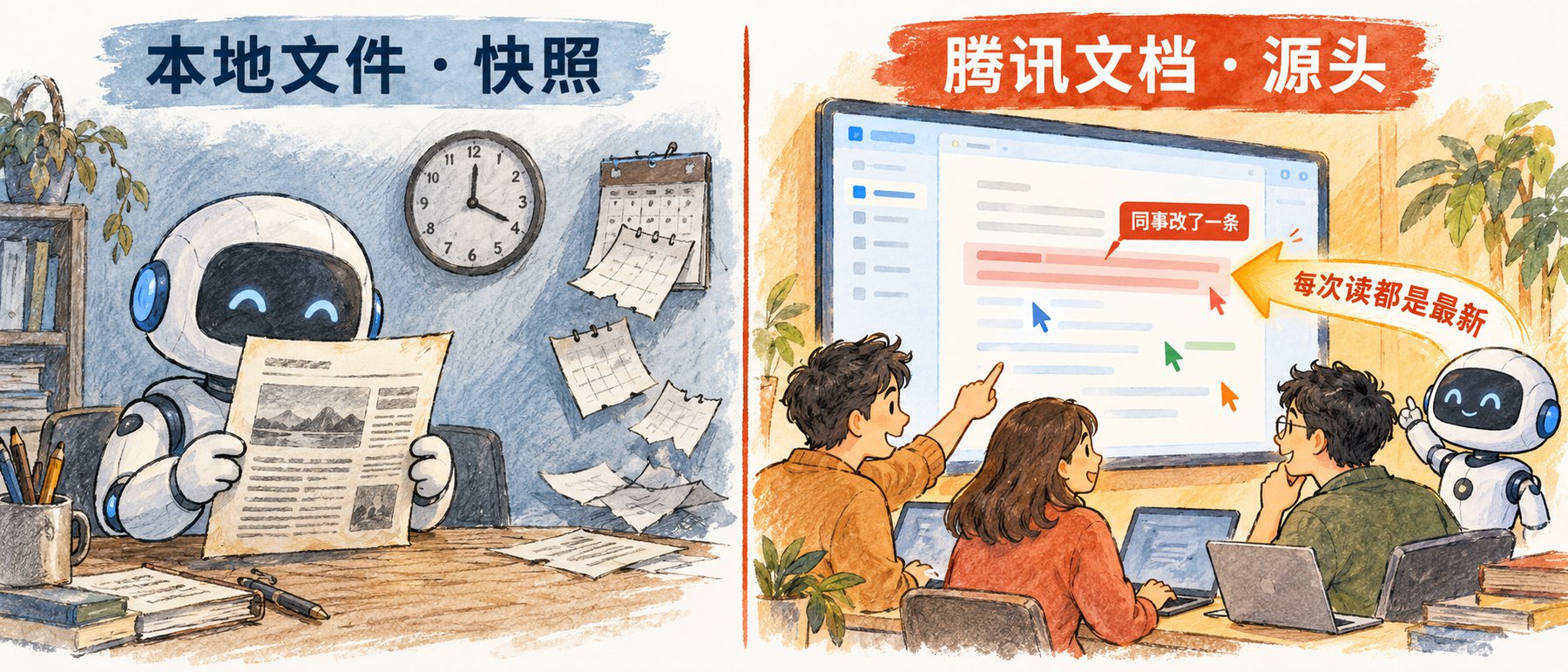 左边本地文件是一张不会变的快照，右边腾讯文档同事一改，它每次读到的都是最新的