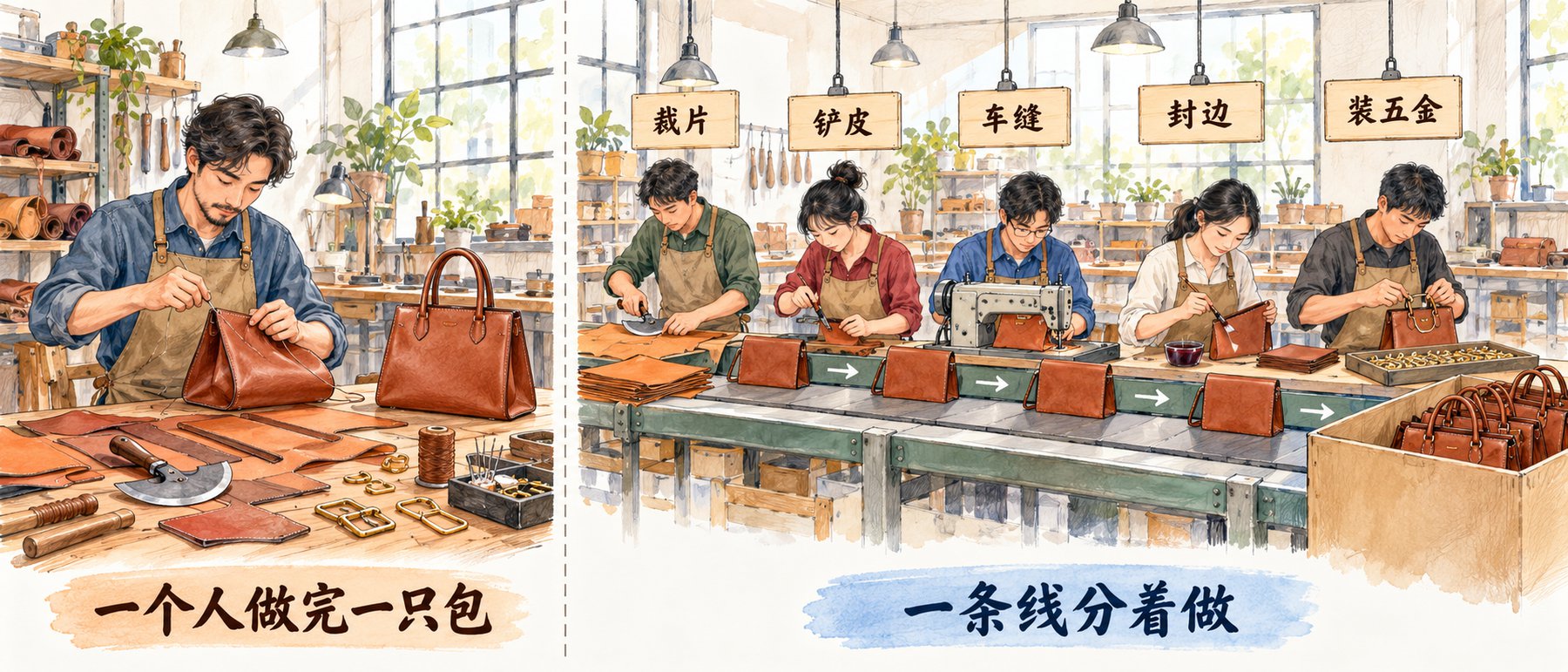 现代皮具作坊左右对照：左边一位皮匠独自从裁皮、缝线到装五金全做，身边只有一只做好的手提包，标签写一个人做完一只包；右边五位工人一字排开，工位小牌写裁片、铲皮、车缝、封边、装五金，线尾一大箱做好的包，标签写一条线分着做