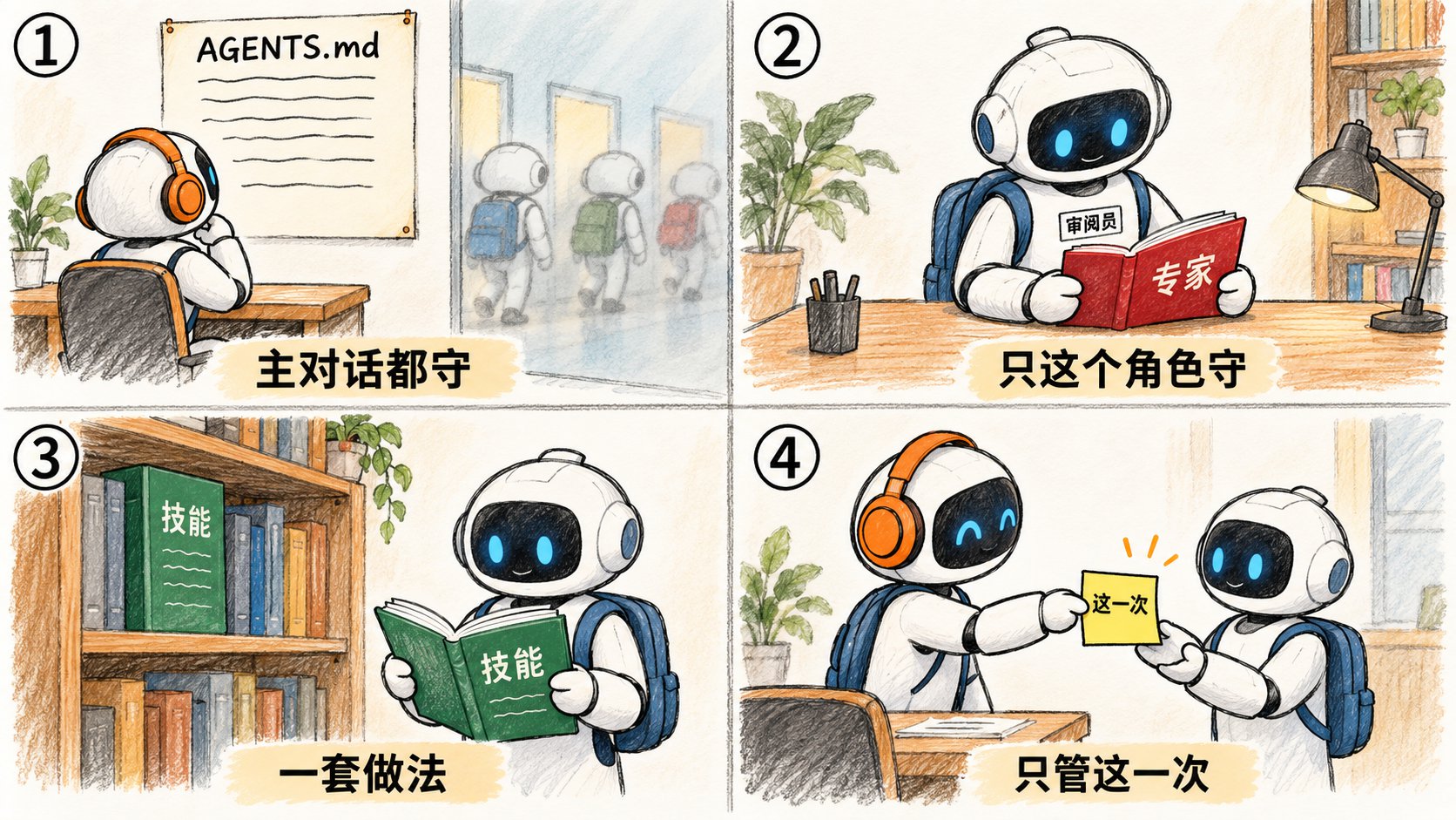四格：①戴耳机的主代理一个人抬头看墙上的 AGENTS.md，三个背包的子代理在磨砂玻璃另一边走开，看不到它，标主对话都守；②戴审阅员胸牌的机器人按着一本红色的专家手册，标只这个角色守；③机器人从书架取下绿色的技能书翻看，标一套做法；④戴耳机的主代理把一张写着这一次的黄便条递给另一个机器人，标只管这一次
