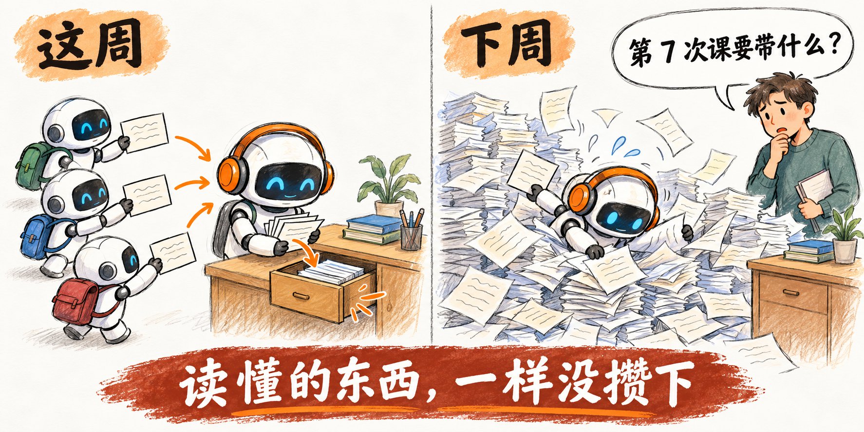左半边写这周：三个背书包的机器人各递一张复习卡，戴耳机的机器人把卡收进抽屉；右半边写下周：一个人问第 7 次课要带什么，戴耳机的机器人只好钻进一大堆网页里重新翻；底下横幅写读懂的东西，一样没攒下