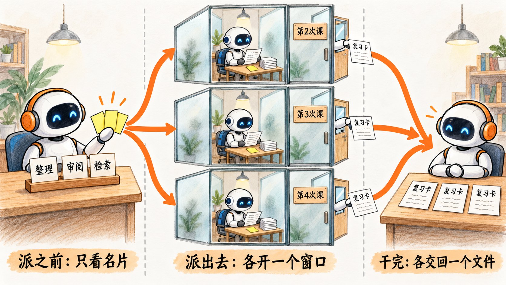 一分三再合回一：左边戴耳机的主代理桌上立着整理、审阅、检索三张名片，手里拿着三张黄便条，标派之前只看名片；三条橙色箭头分到上中下三间玻璃小屋，门牌第2次课、第3次课、第4次课，每间一个背书包的子代理只对着自己那一小摞纸和一张便条，标派出去各开一个窗口；三个子代理从门上的小窗各递出一张复习卡，三条箭头汇回主代理桌上并排的三张复习卡，标干完各交回一个文件
