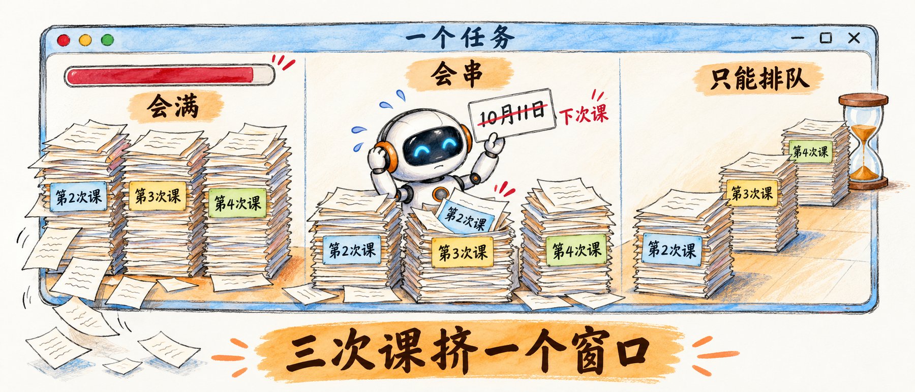 一个标着一个任务的窗口分成三格：会满，第 2 次课、第 3 次课、第 4 次课三摞资料堆得散落一地，进度条快到头；会串，机器人从三摞里抽出一张第 2 次课的纸，手里那张写错的被红笔划掉；只能排队，三摞排成一列，旁边立着沙漏。底下横幅写三次课挤一个窗口