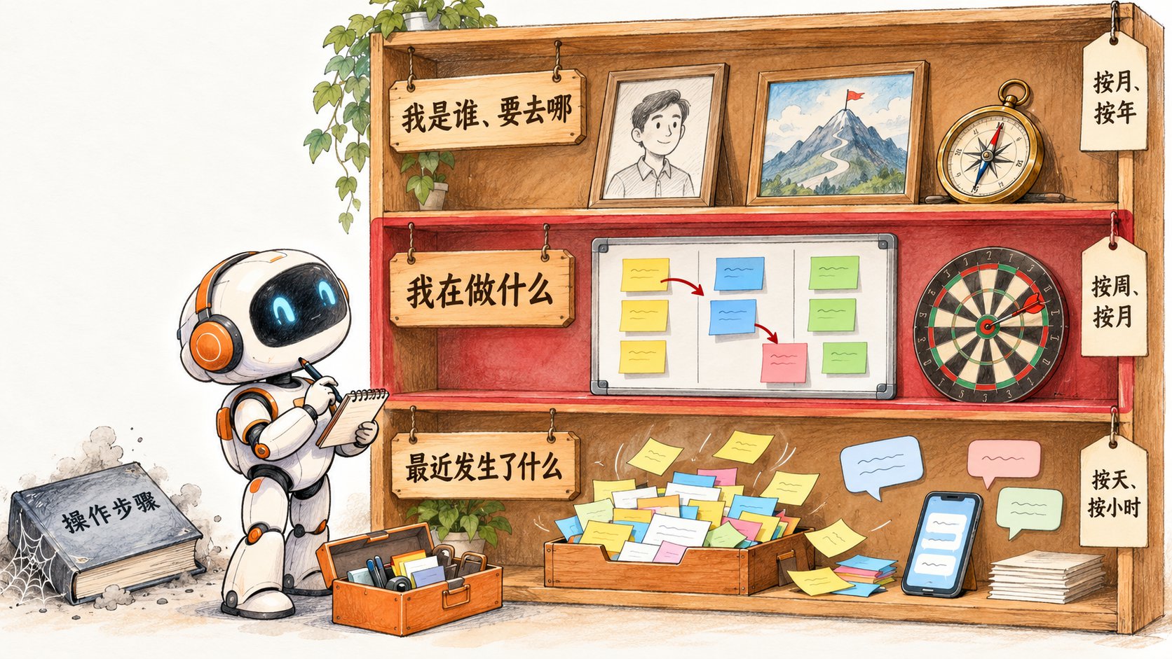 手绘插图：戴橙色耳机的机器人站在一个三层木架前，脚边是打开的工具箱，身后地上丢着一本落了灰的《操作步骤》。木架顶层写我是谁、要去哪，挂牌按月、按年，放着一幅人像素描、一幅山顶插旗的画和一个指南针；中间一层涂成浅红，写我在做什么，挂牌按周、按月，放着贴满任务卡的白板和一个正中靶心的飞镖盘，机器人正抬头看这一层；底层写最近发生了什么，挂牌按天、按小时，收件盒里塞满便签、聊天气泡和手机，还有新便签往里飘