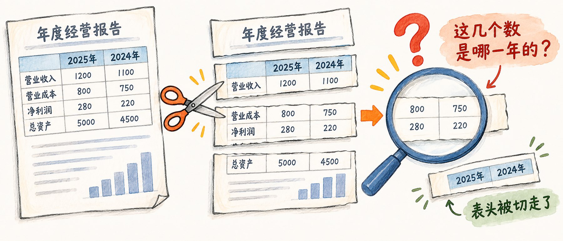 一张年度经营报告的表格被剪刀切成几段，放大镜下的那段只剩数字，表头被切走，看不出是哪一年的