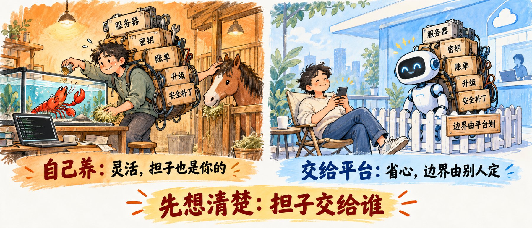 左边一个人同时养龙虾和马，背着服务器、密钥、账单、升级、安全补丁的大包；右边机器人替人背着包，但站在写着边界由平台划的栅栏里