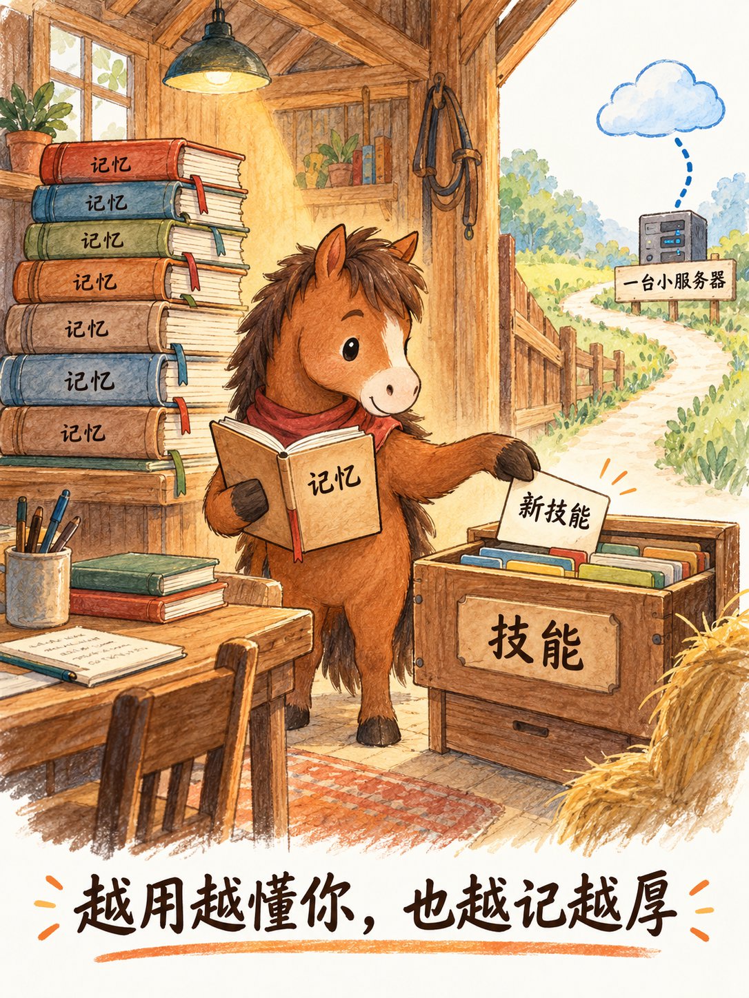 一匹马在改造成书房的马厩里，一边翻记忆本子，一边把新技能卡片放进抽屉，身后旧本子越摞越高