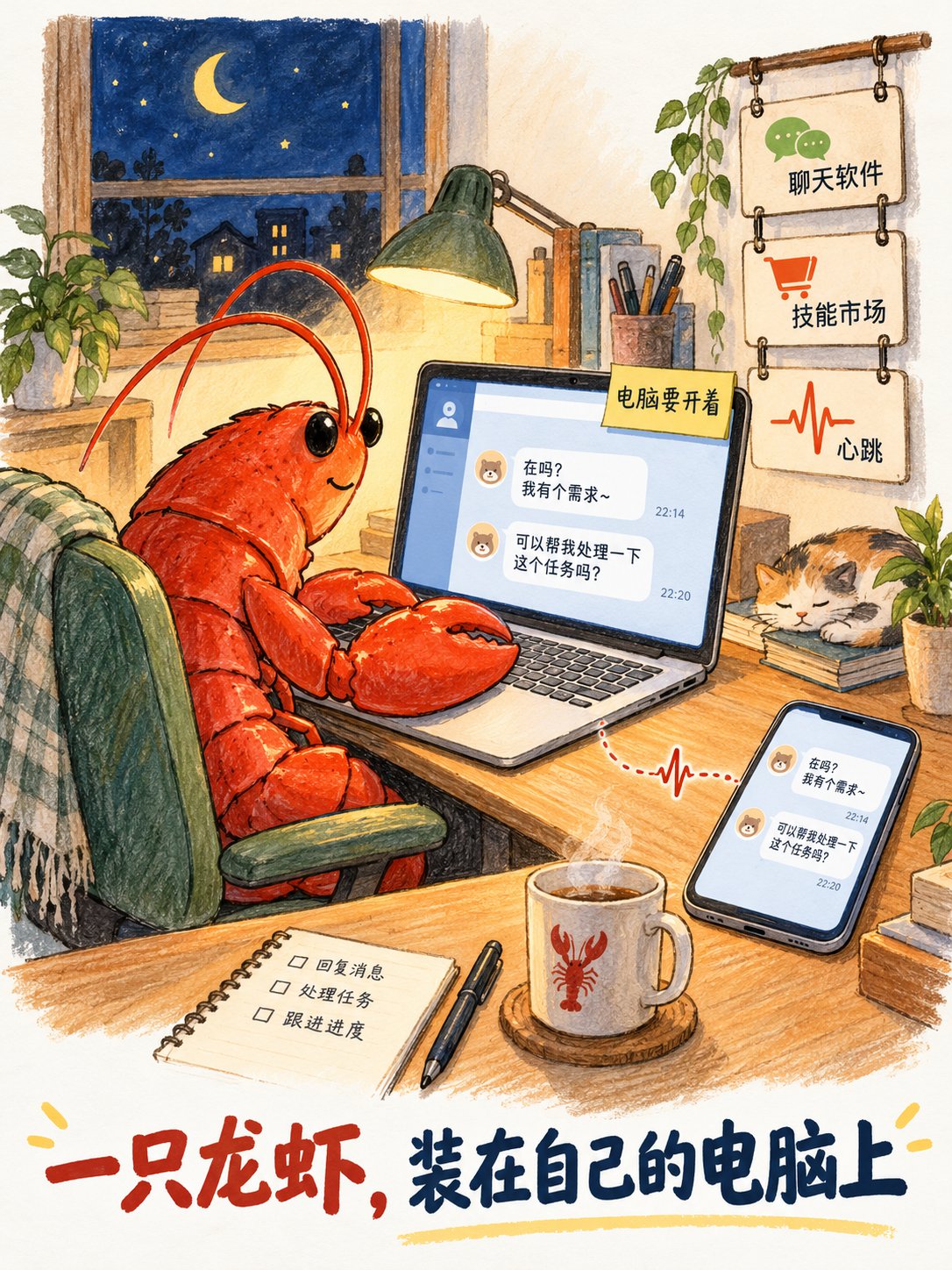 一只龙虾在自己家里的电脑上值班，手机从聊天软件里把活派给它，旁边挂着聊天软件、技能市场、心跳几个插件