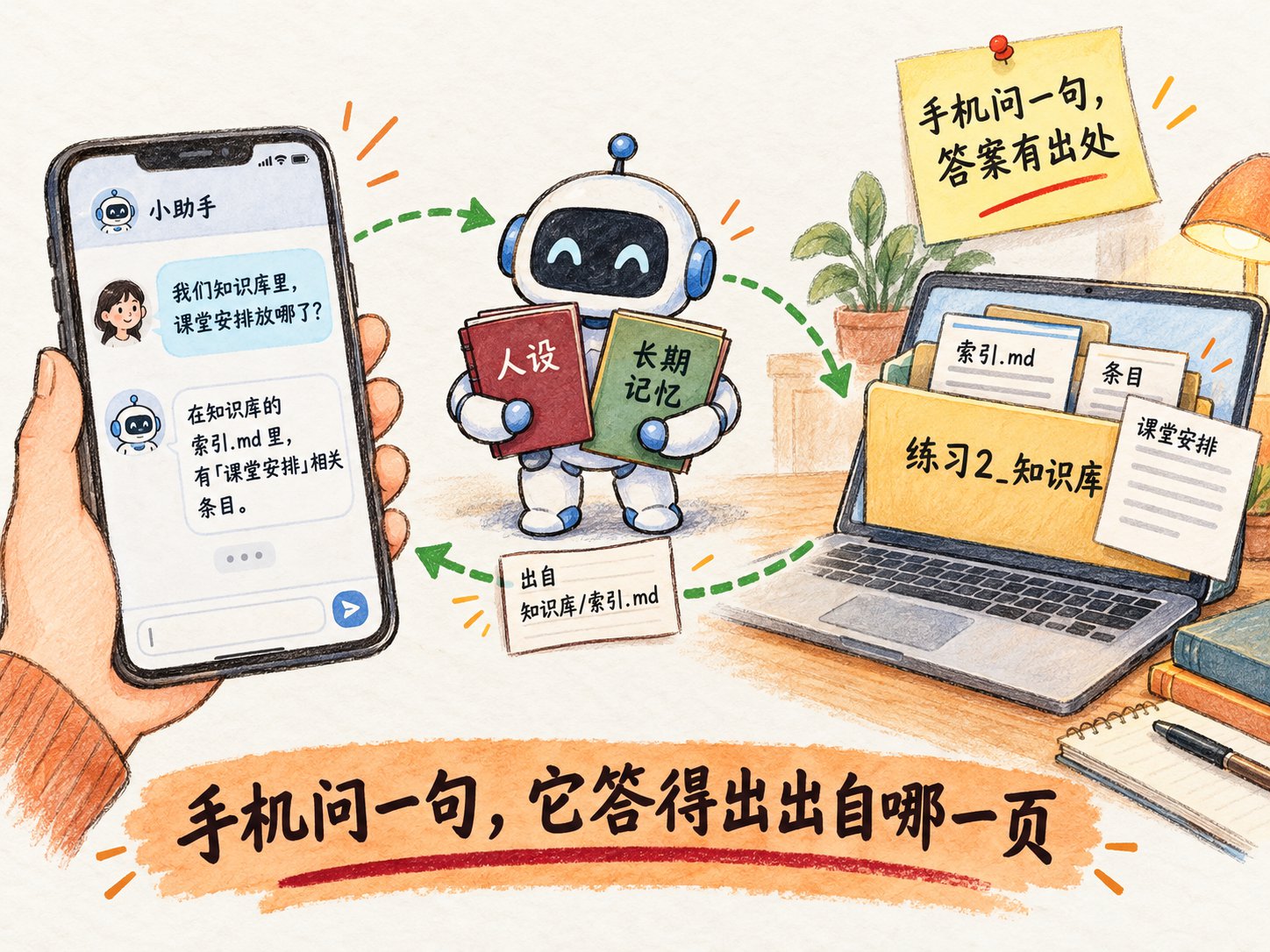 左边手机里问一句，中间助理拿着人设和长期记忆两本本子，右边电脑上的 练习2_知识库 翻出索引与条目，答案带着出处回到手机