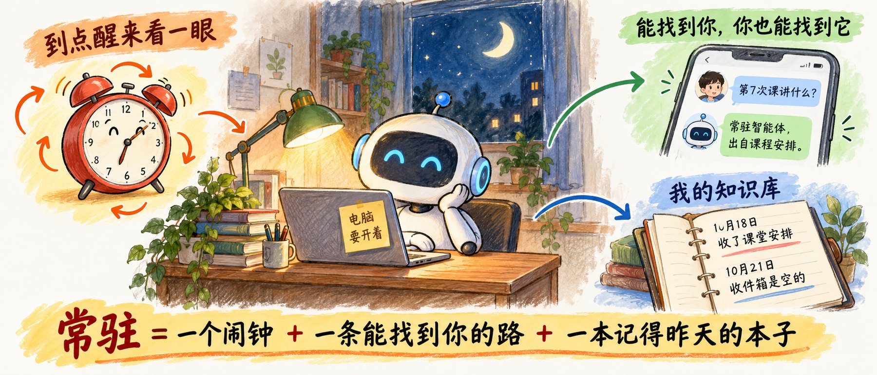 电脑夜里开着，机器人旁边一个闹钟、一部能双向发消息的手机、一本写着我的知识库的本子