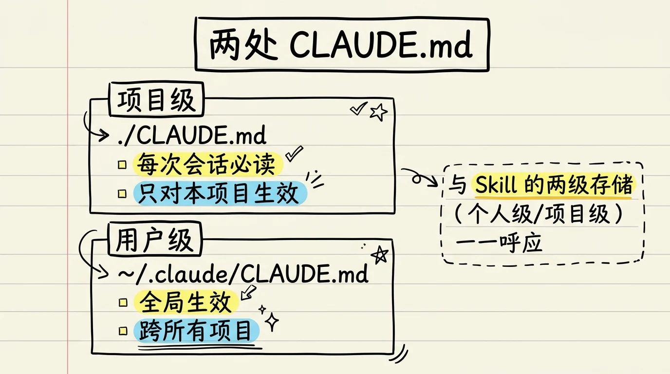 项目级 ./CLAUDE.md 与用户级 ~/.claude/CLAUDE.md