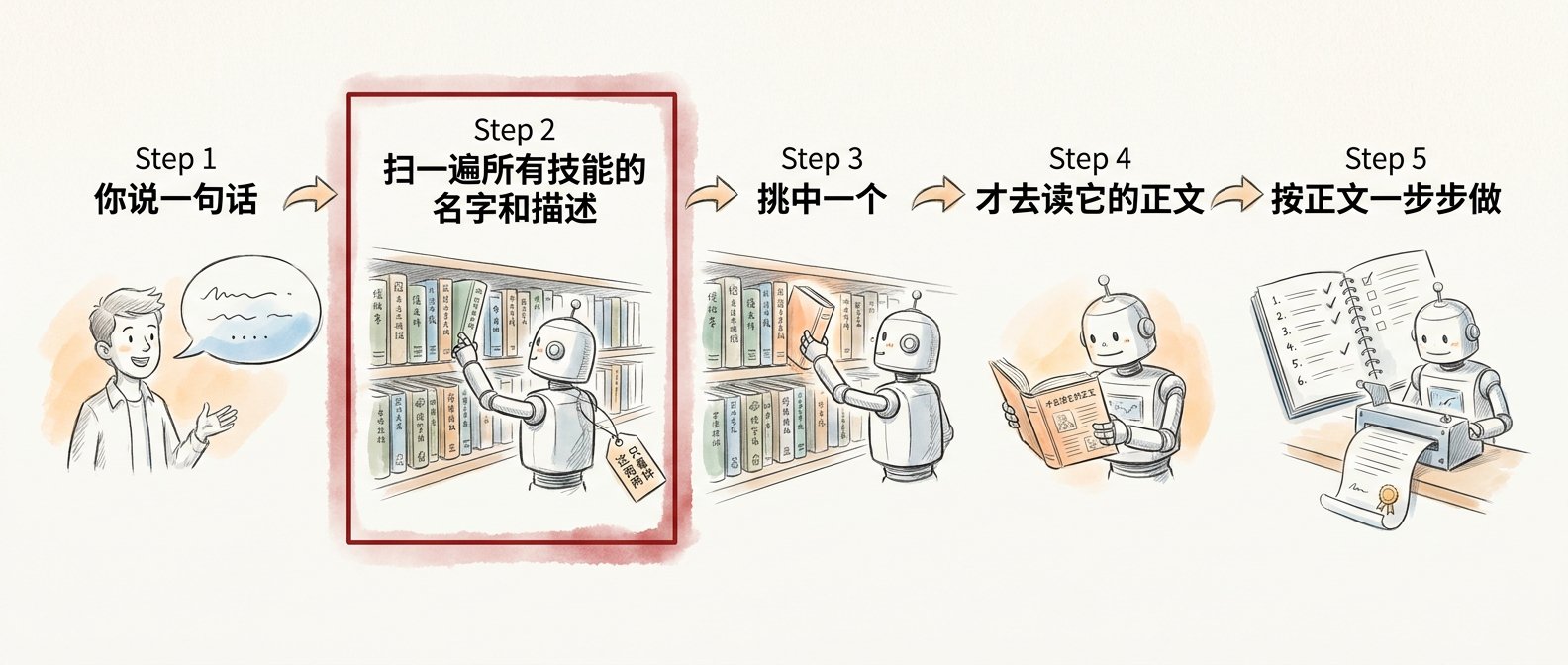 你说一句话、扫一遍名字和描述、挑中一个、读正文、按正文一步步做