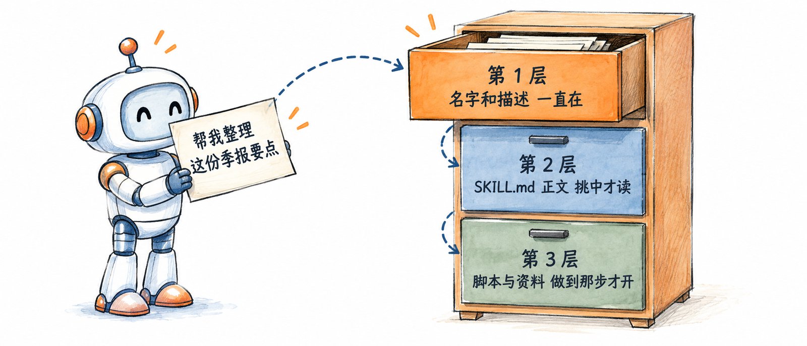 第 1 层名字和描述一直在，第 2 层正文挑中才读，第 3 层脚本与资料做到那步才开