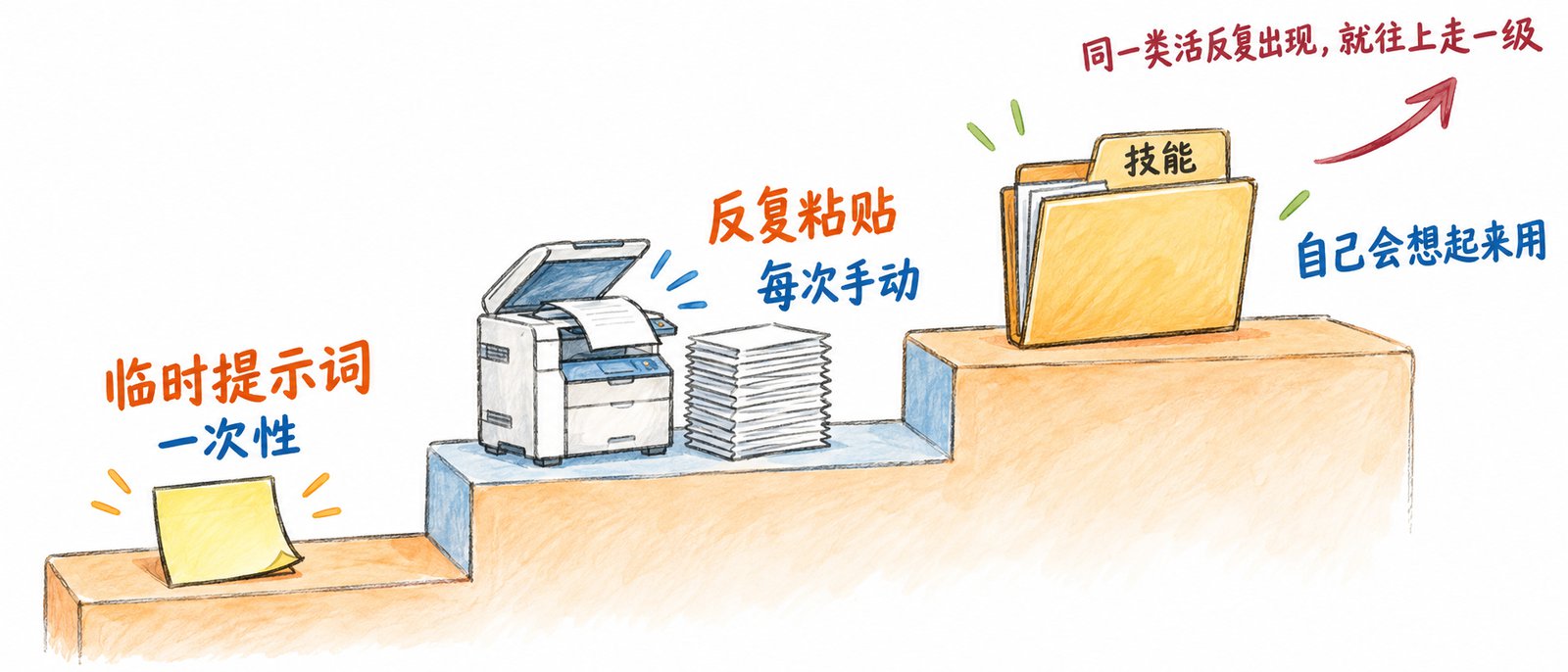 临时提示词、反复粘贴、技能三级台阶