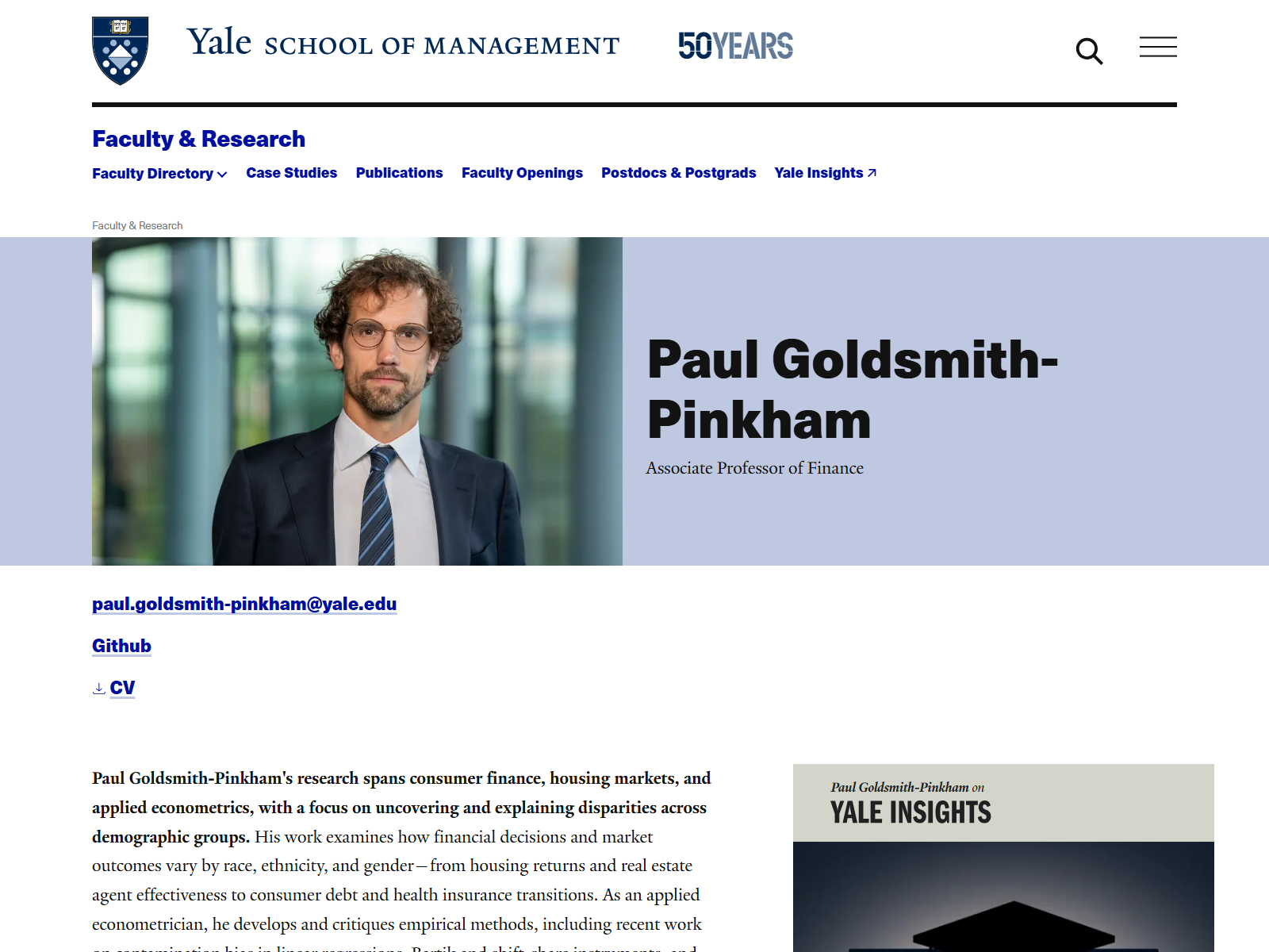 Paul Goldsmith-Pinkham 耶鲁管理学院官方教师页面截图