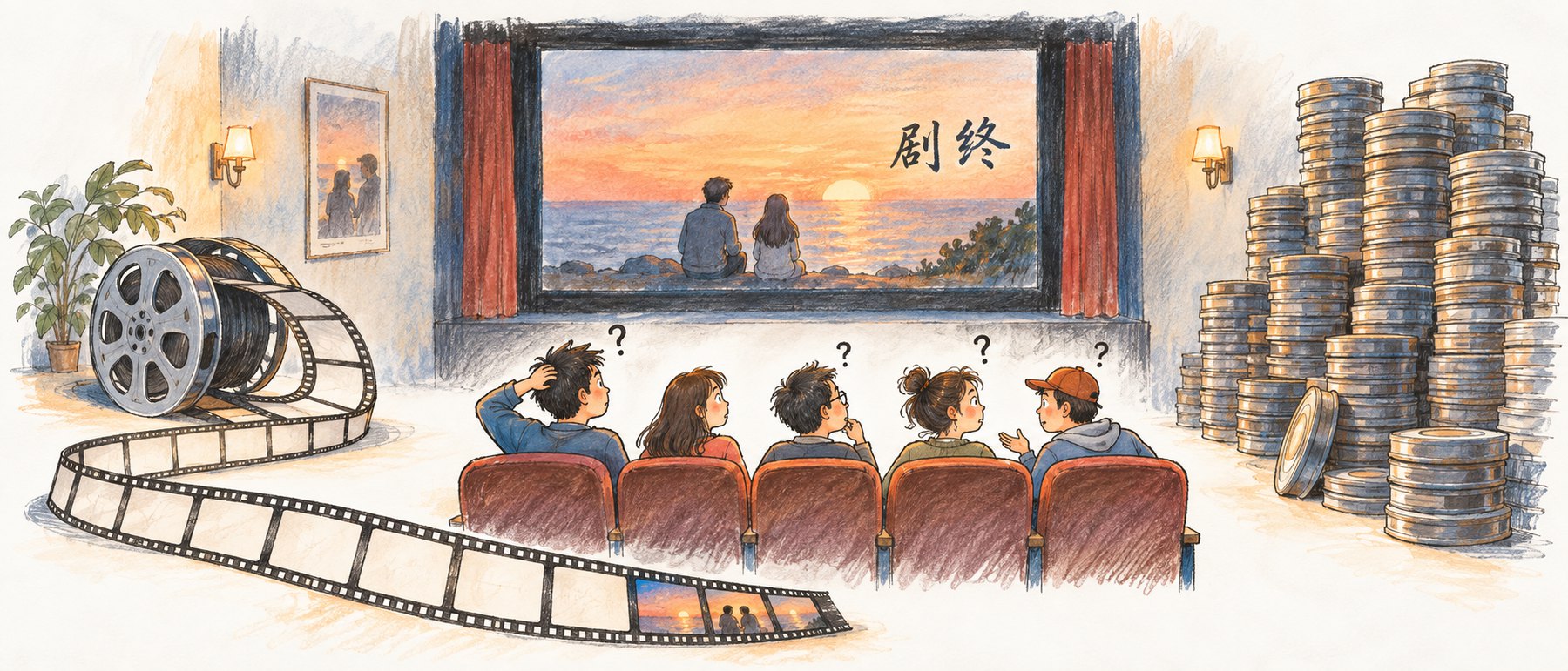 手绘示意图。小放映厅的银幕上只放着一部电影的最后一个镜头，角落写着剧终；银幕前一排观众表情茫然；左侧地上一长卷胶片，前面的格子几乎全是空白，只有最后几格有画面；右侧墙边堆着几百个片盒