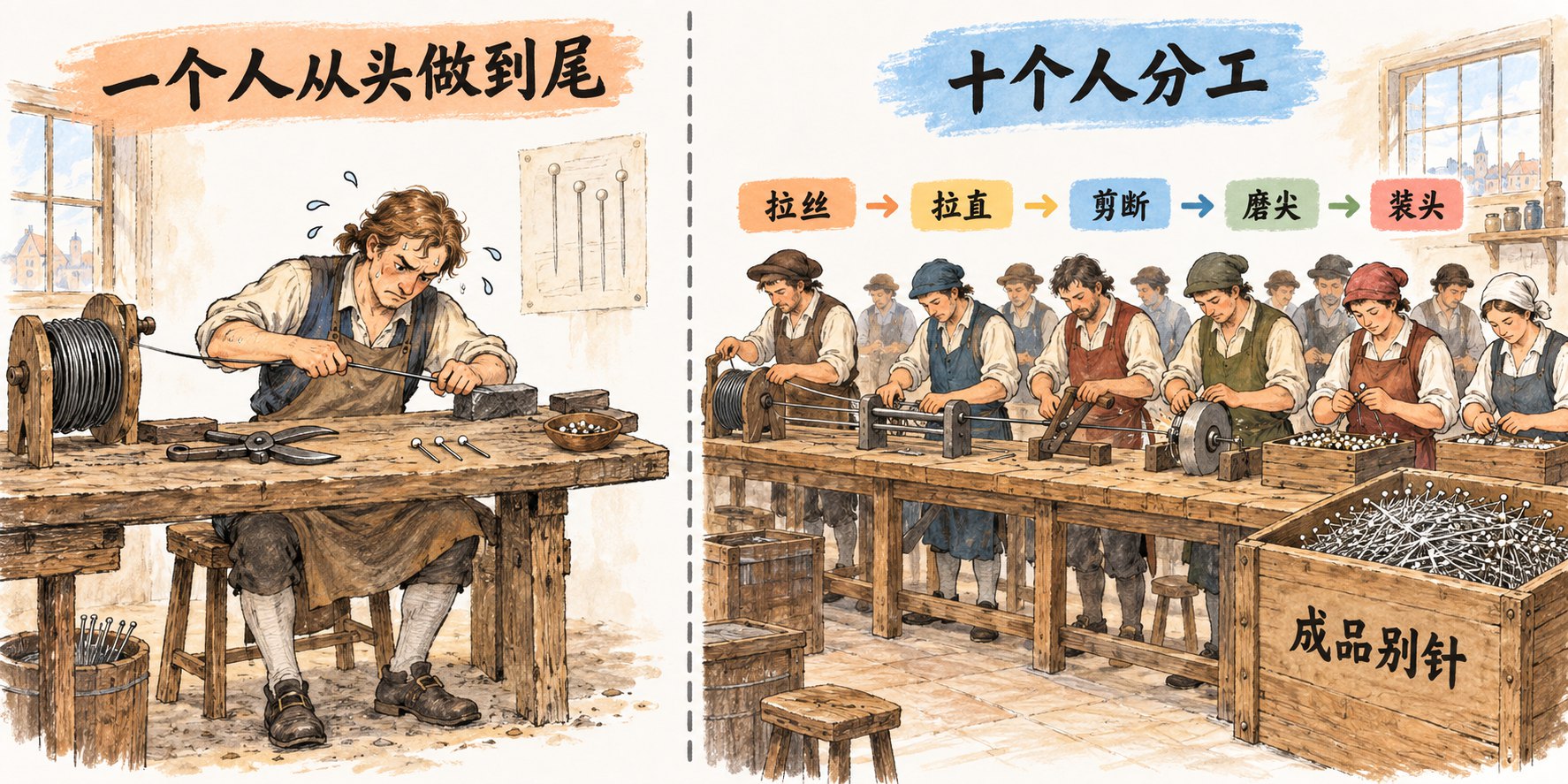 十八世纪手工作坊，左右对照。左边一位工匠独自从拉铁丝、剪断、磨尖到装针头全做，桌上只有寥寥几枚别针，标一个人从头做到尾；右边长工作台旁一排工人各做一道工序，拉丝、拉直、剪断、磨尖、装头，台子尽头堆着一大箱别针，标十个人分工