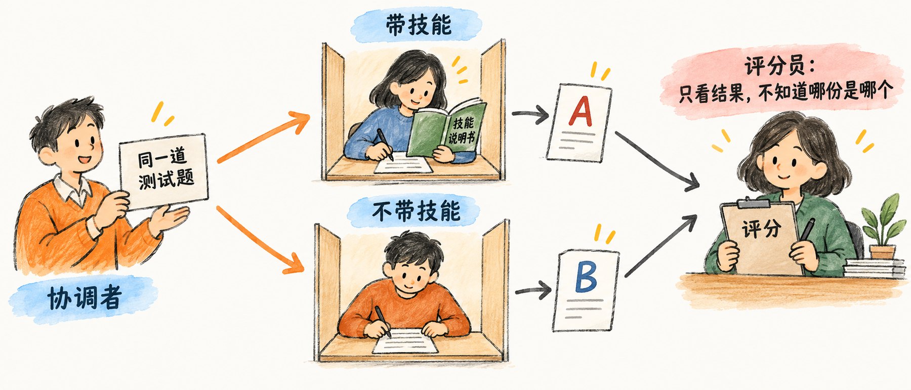 协调者拿着同一道测试题，同时派给两个隔间：上方的助手看着技能说明书答题，标注带技能；下方的助手没有说明书，标注不带技能；两份答卷只标 A 和 B，送到右边拿评分板的评分员手里