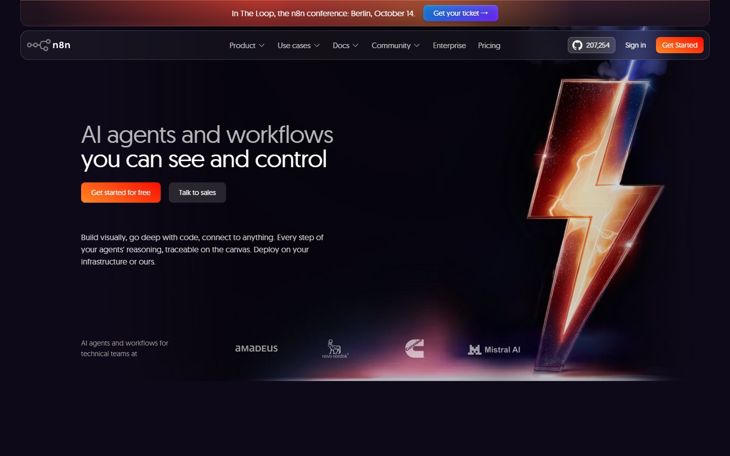 n8n 官网首页首屏：AI agents and workflows you can see and control