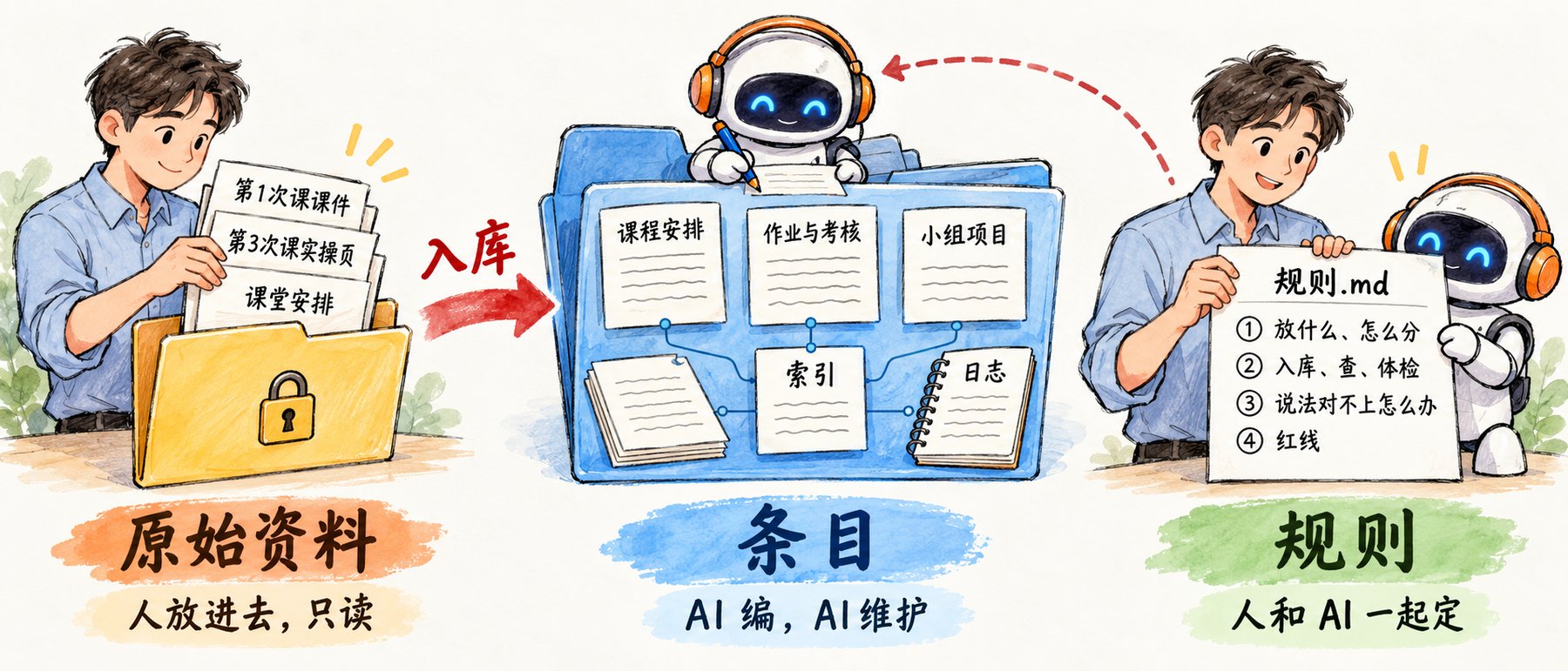 左边一个人把第1次课课件、第3次课实操页、课堂安排放进带锁的文件夹，标原始资料，人放进去，只读；中间机器人在蓝色文件夹里写课程安排、作业与考核、小组项目三页，三页连着索引和日志，标条目，AI 编，AI 维护；右边人和机器人一起举着一张规则.md，写着放什么、怎么分，入库、查、体检，说法对不上怎么办，红线四条，标规则，人和 AI 一起定