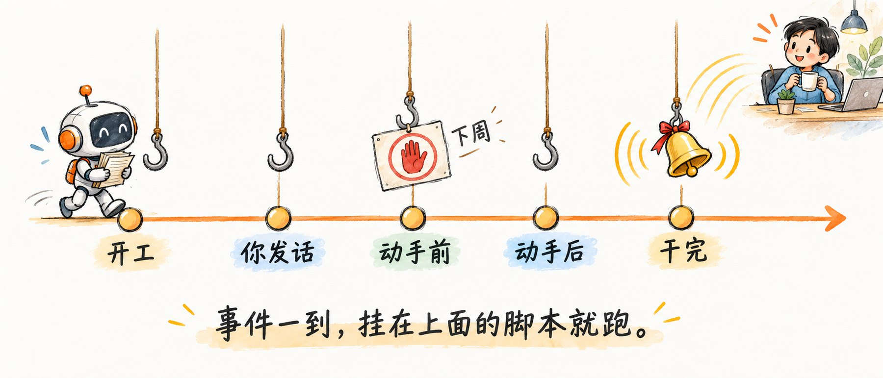 一条从左到右的时间线，五个节点写着开工、你发话、动手前、动手后、干完，小机器人抱着文件沿线走；每个节点上方垂下一个小钩子，干完那个钩子挂着一个在响的铃铛，铃声传到右上角喝咖啡的小人；动手前那个钩子挂着一块画着手掌的停牌
