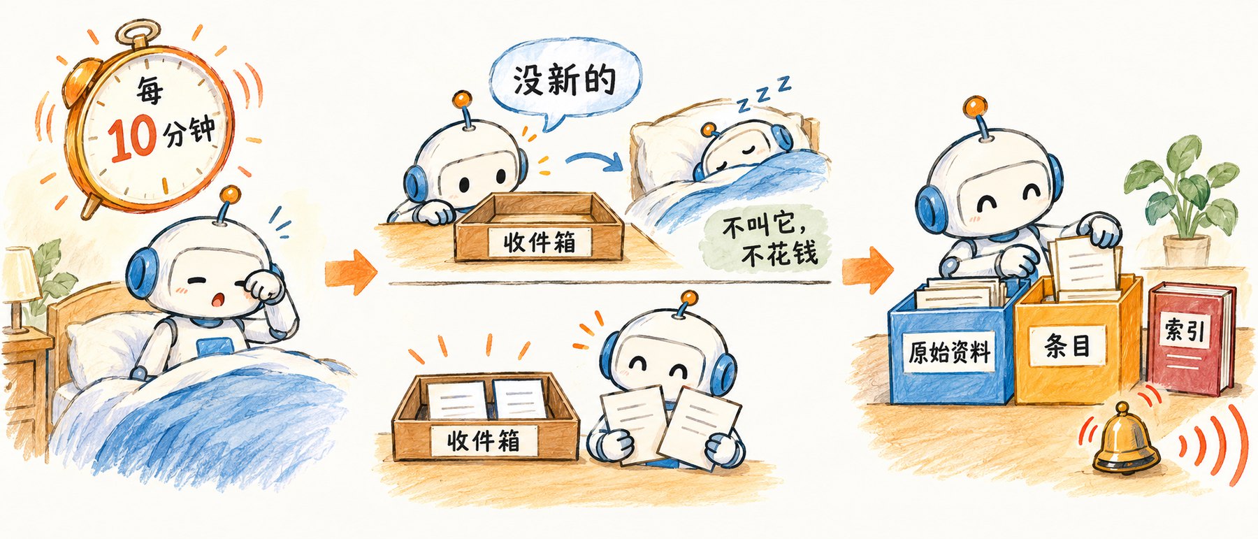 三格从左到右：闹钟转到每 10 分钟，小机器人坐起来；第二格上半它看空的收件箱托盘，头顶写没新的，又躺回去，旁边写不叫它不花钱，下半托盘里有两张新纸，它抱起来；第三格它把纸放进贴着原始资料和条目标签的文件夹，旁边一本索引，桌角小铃铛在响