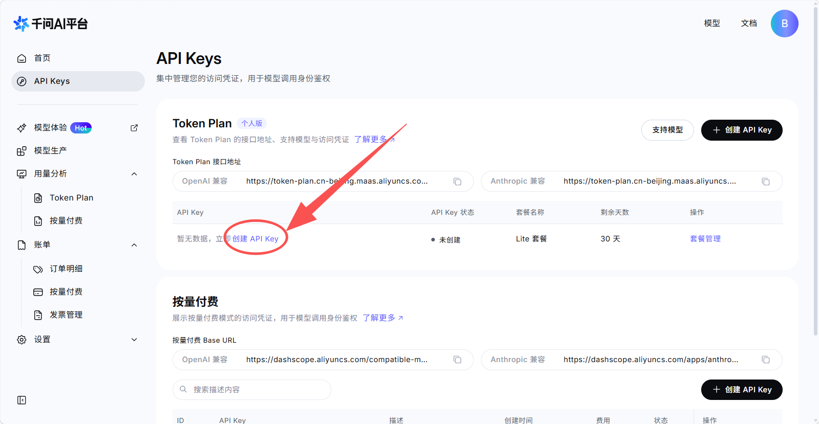 步骤 3:在 Token Plan 区域创建 API Key