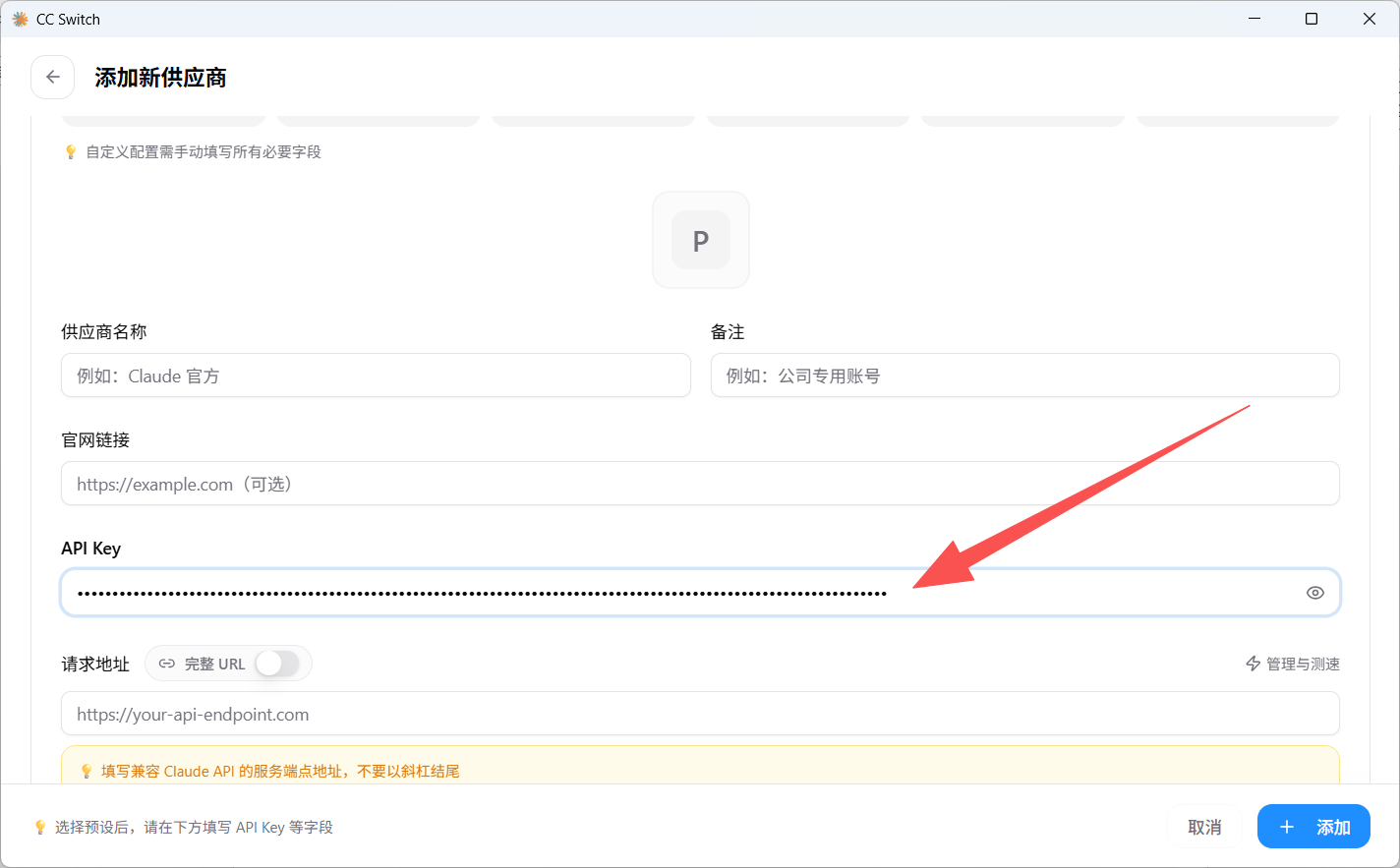 步骤 7:在 API Key 字段中粘贴密钥