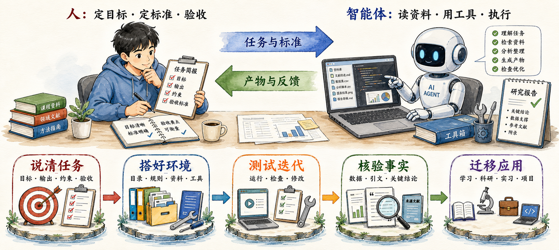 人定目标、标准与验收，智能体执行与反馈；五项能力从说清任务到迁移应用依次展开