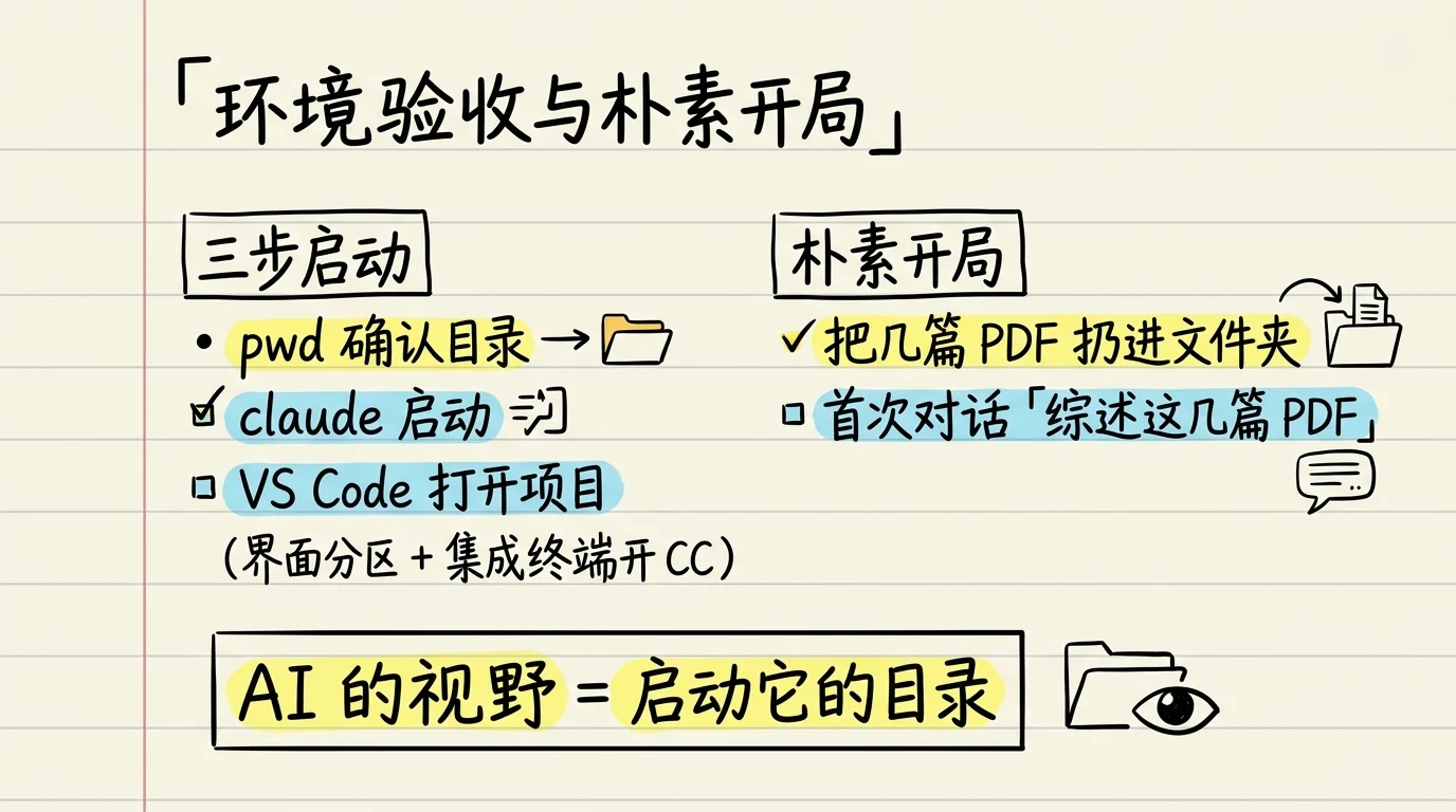环境验收与朴素开局：pwd 确认目录、claude 启动、VS Code 打开项目；AI 的视野等于启动它的目录