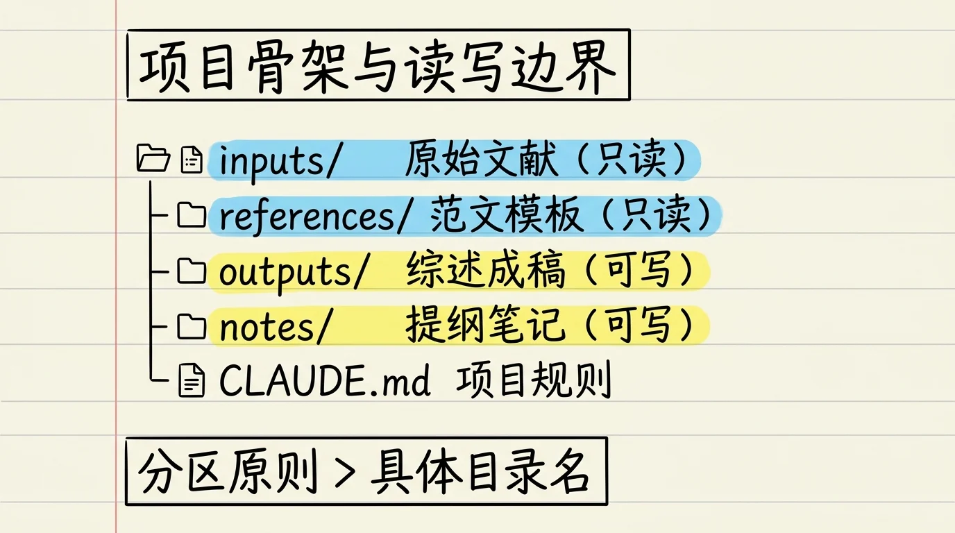 项目骨架与读写边界：inputs 原始文献只读，references 范文模板只读，outputs 综述成稿可写，notes 提纲笔记可写，CLAUDE.md 项目规则；分区原则大于具体目录名