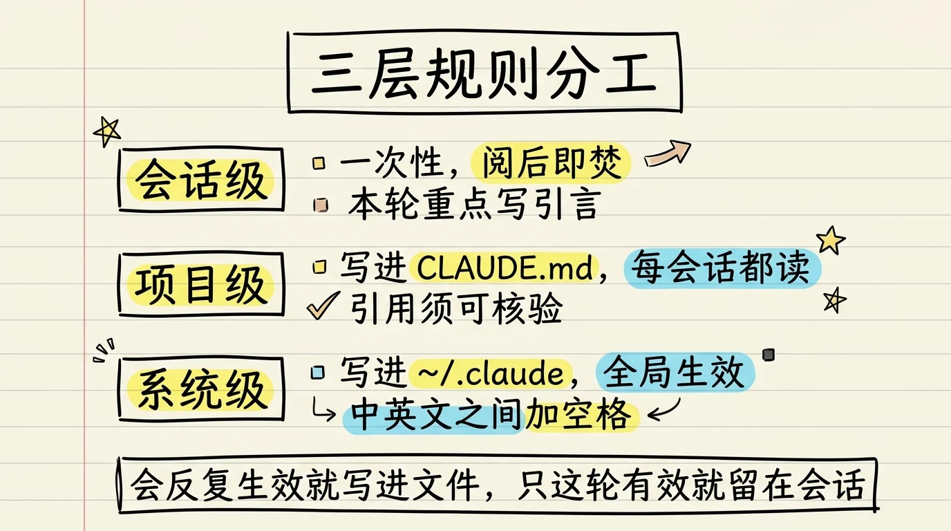 三层规则分工：会话级一次性、阅后即焚；项目级写进 CLAUDE.md、每次会话都读；系统级写进 ~/.claude、全局生效