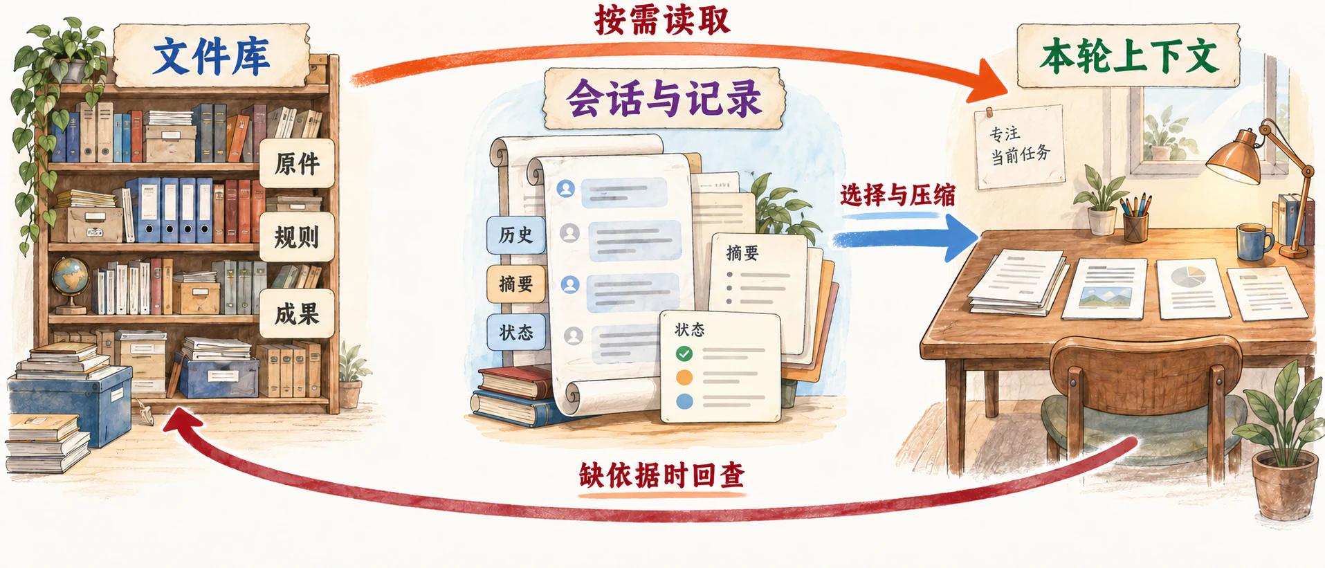 文件库、会话记录、本轮上下文的信息图