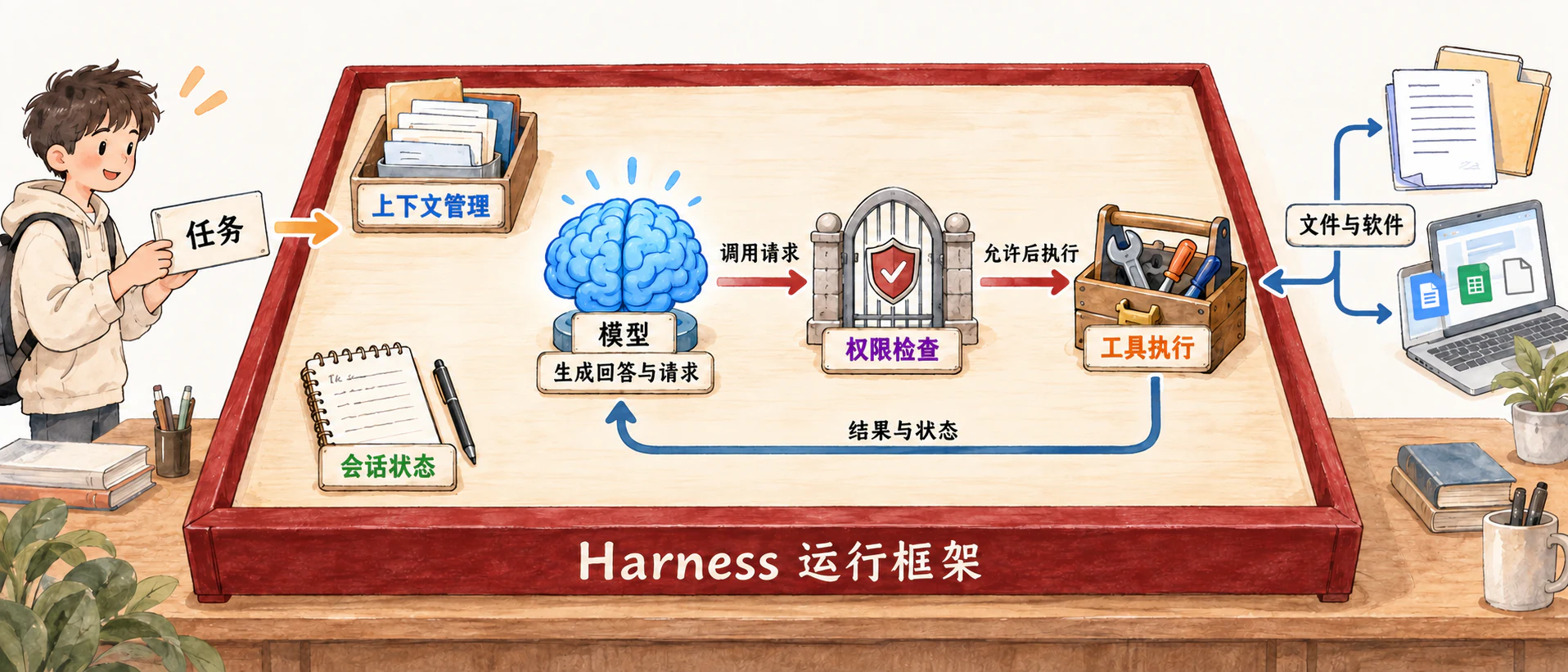 模型负责生成，Harness 负责组织和执行的信息图