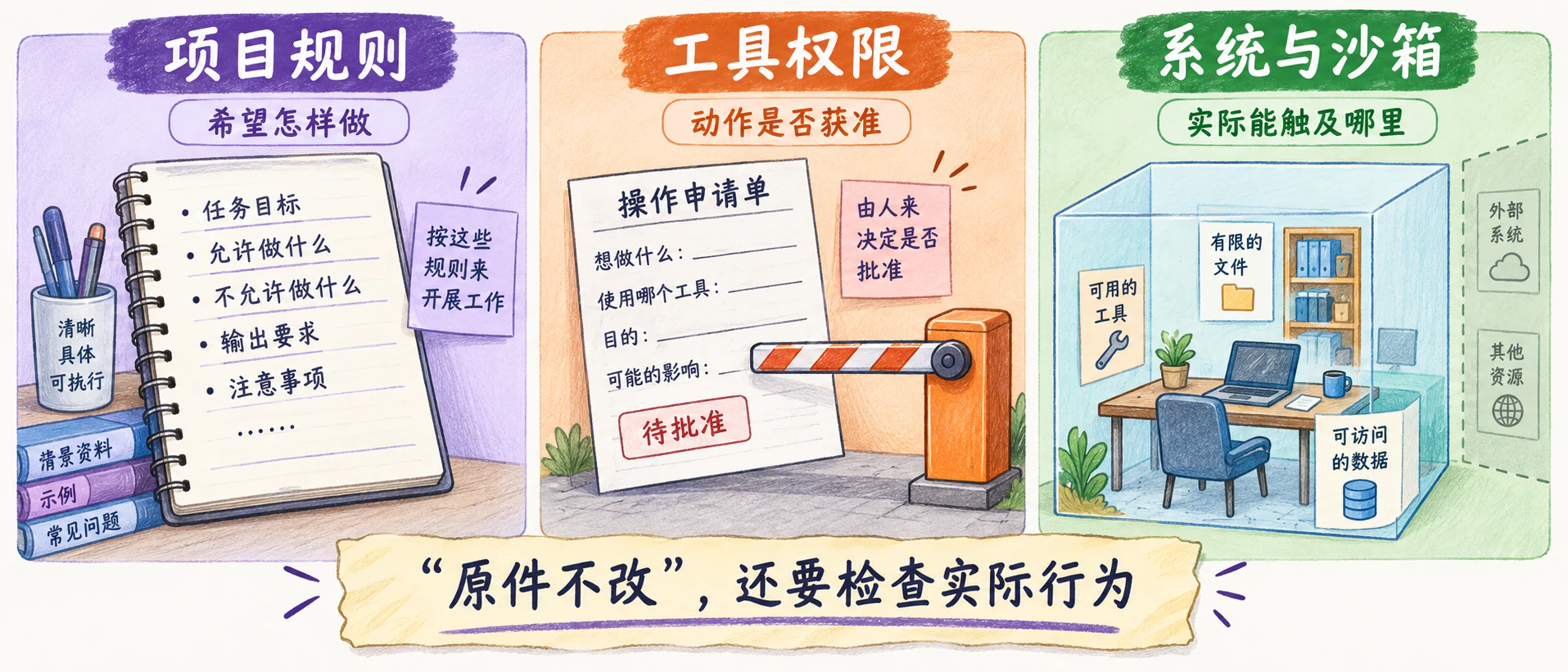 项目规则和工具权限，各管什么的信息图