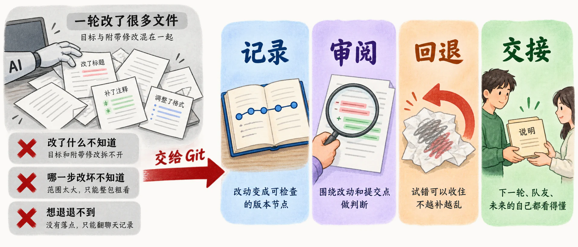 左侧 AI 一轮改多个文件后的三种失控：目标与附带修改混在一起、改动太大只能粗看、出错没有落点；右侧 Git 四个角色一一接住：记录、审阅、回退、交接