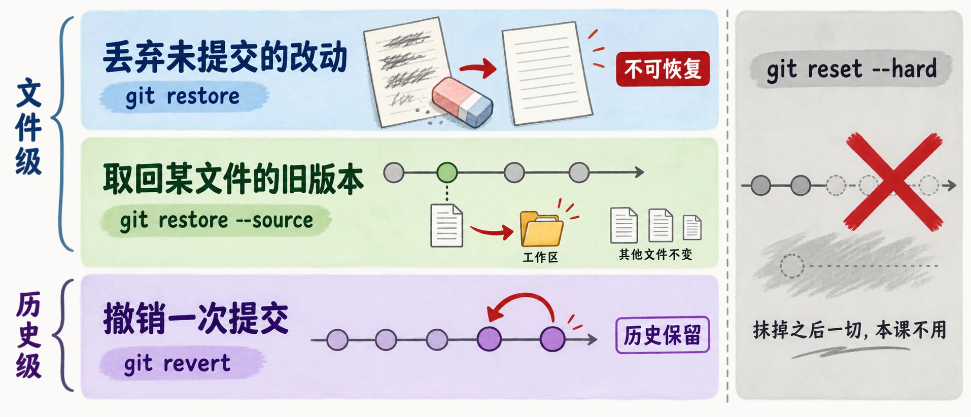 回退三层：丢弃未提交的改动（restore，文件级，不可恢复）；取回某文件的旧版本（restore --source，文件级）；撤销一次提交（revert，历史级，历史保留）；栏外 reset --hard 画红叉，本课不用