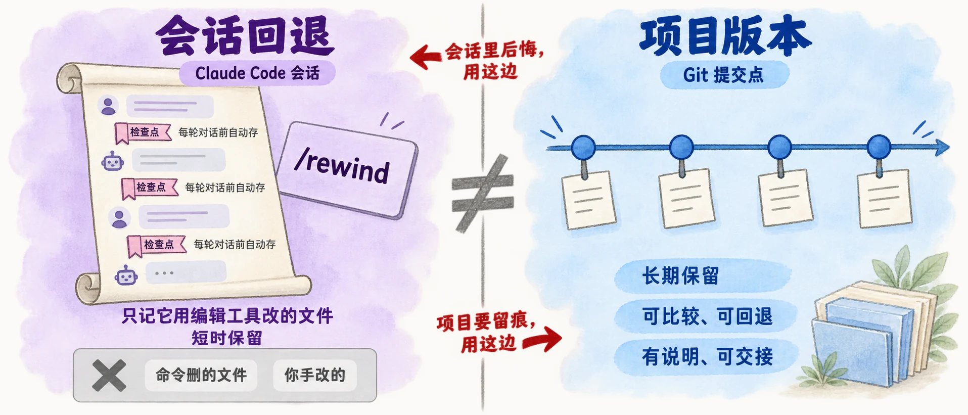 左：Claude Code 会话回退 /rewind，检查点只记它用编辑工具改的文件，短时保留；右：Git 项目版本，提交点长期、可比较、可回退