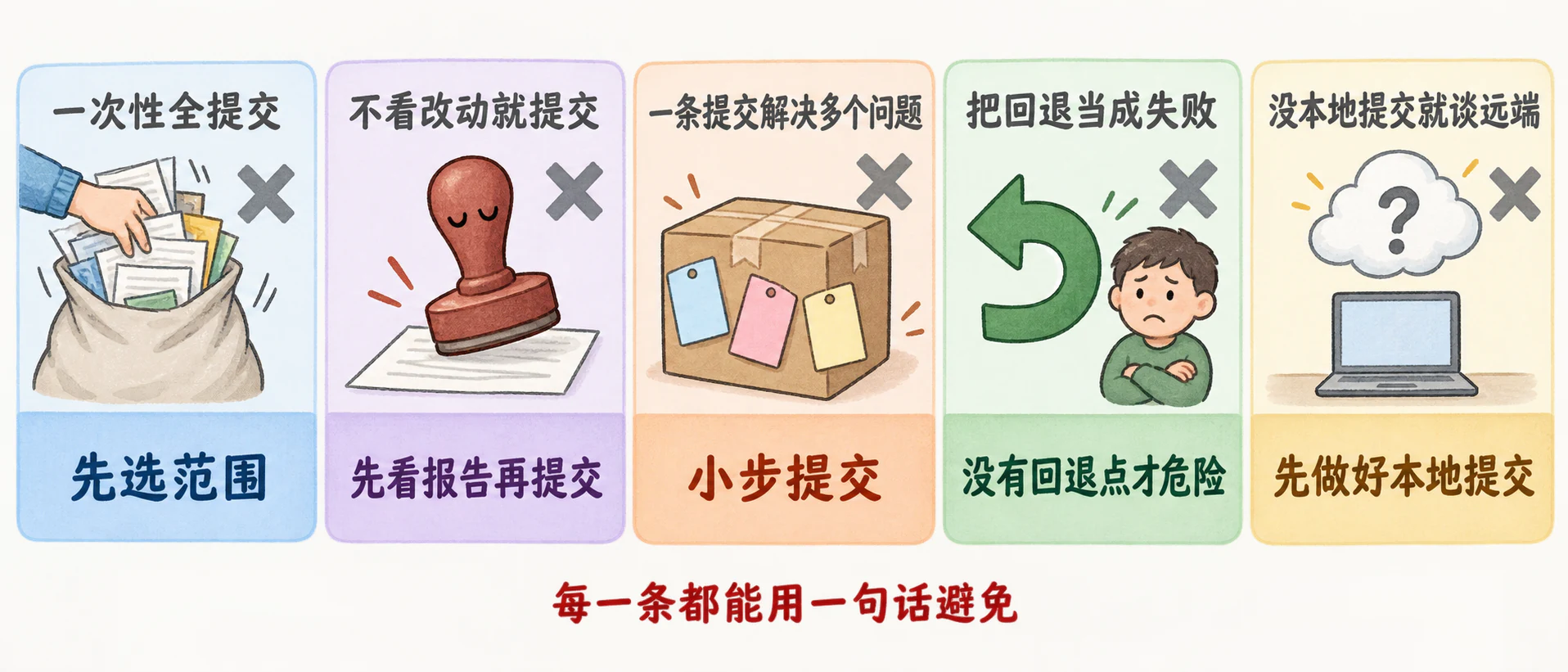 五张卡：一次性全提交、不看改动就提交、一条提交解决多个问题、把回退当成失败、没本地提交就谈远端；每张卡一句纠正