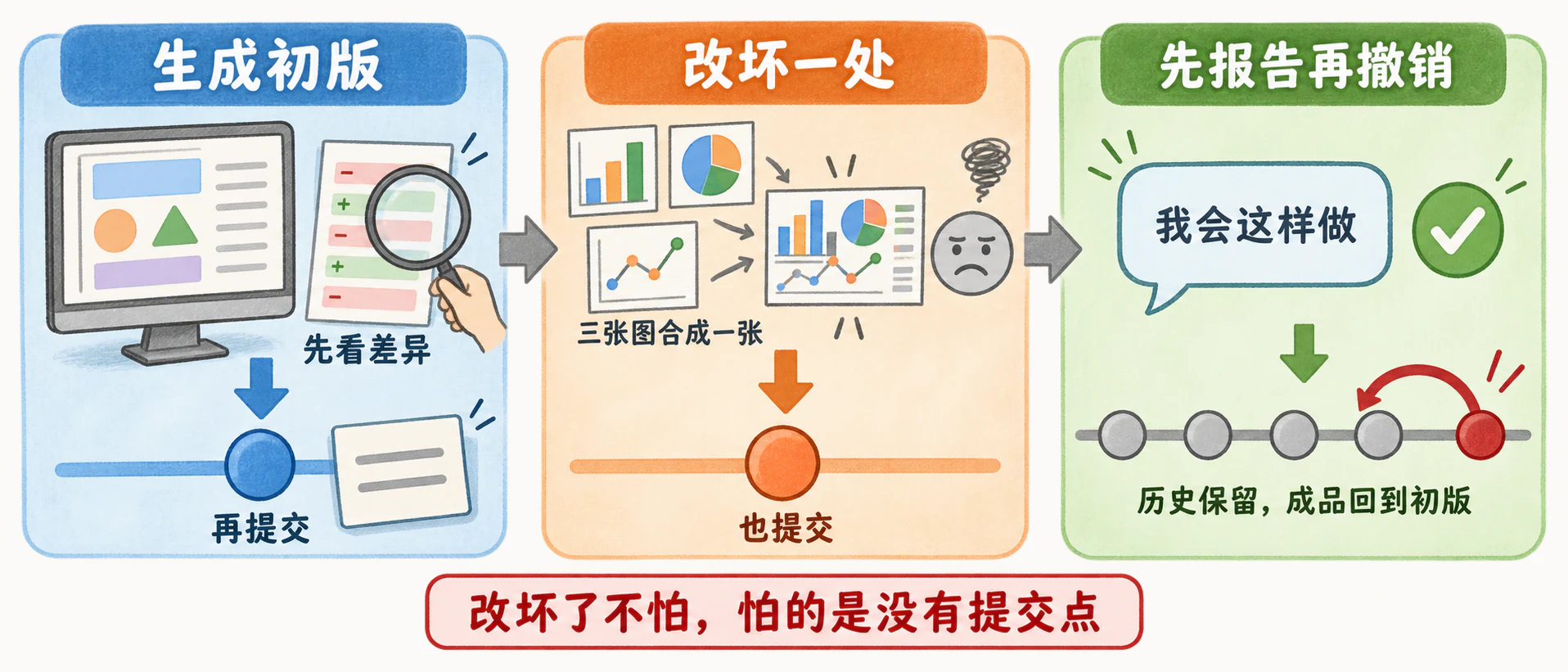 三格：生成初版并先看 diff 再提交；改坏一处并提交；先报告再 revert，历史图五个节点