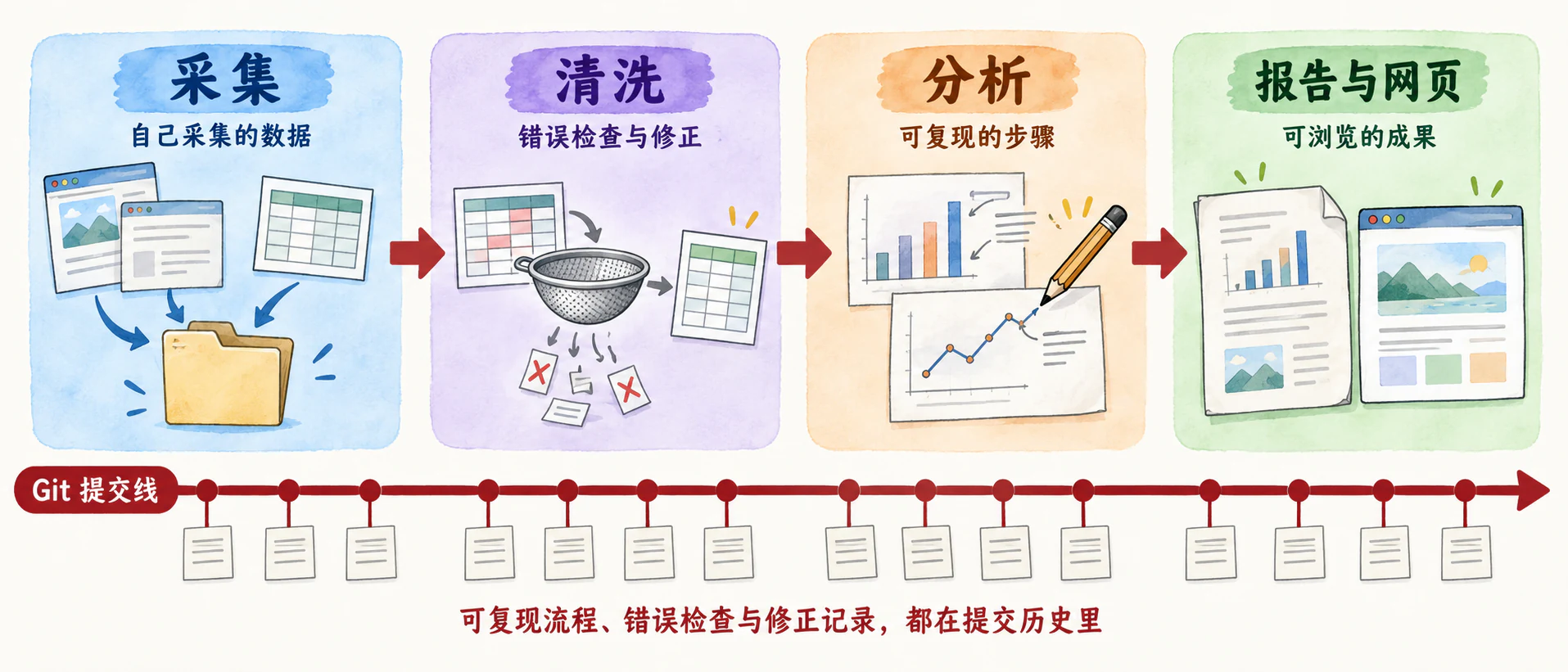 作业工作流四站：采集、清洗、分析、报告与网页；一条 Git 提交线从头贯穿到尾