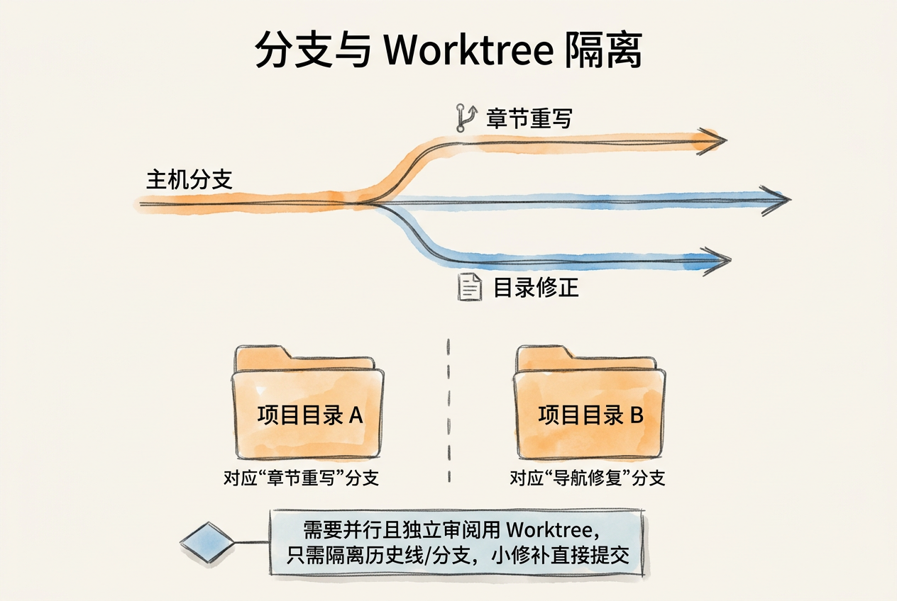 主线分出两条分支，项目目录 A、B 各对应一条；底部判断口诀：需要并行推进且独立审阅开 Worktree，只需隔离历史线开分支，小修补不并行则当前分支小步提交