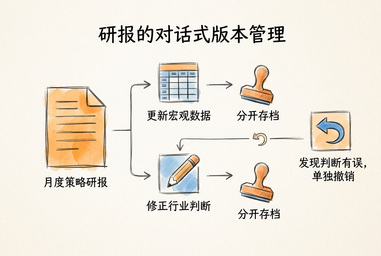 研报的对话式版本管理：月度策略研报，更新宏观数据分开存档，修正行业判断分开存档，发现判断有误单独撤销