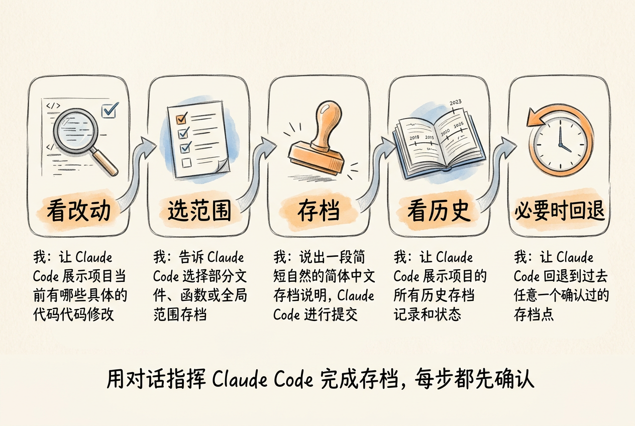 五格流程：看改动、选范围、存档、看历史、必要时回退；每步都先确认