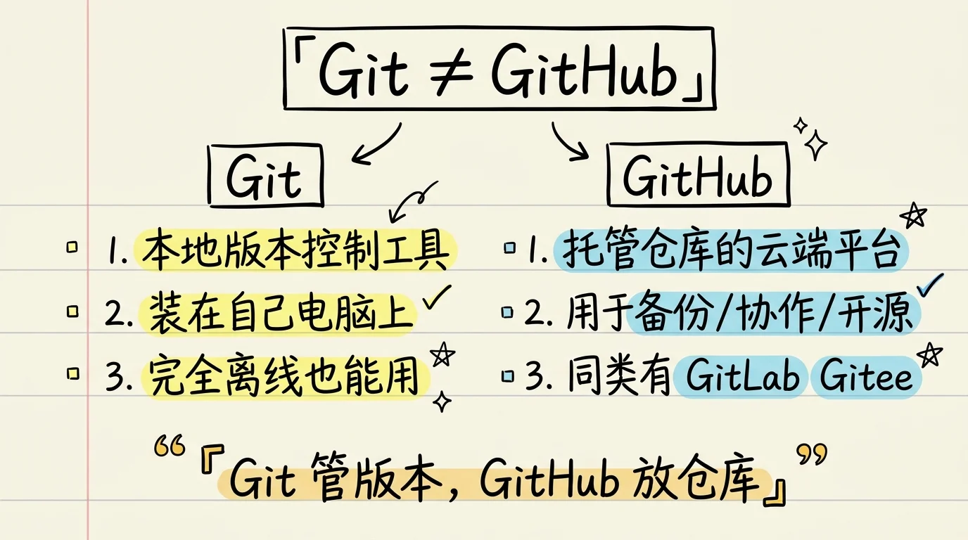 Git 是装在自己电脑上的本地版本控制工具，离线能用；GitHub 是托管 Git 仓库的云端平台，用于备份、协作、开源，同类有 GitLab、Gitee